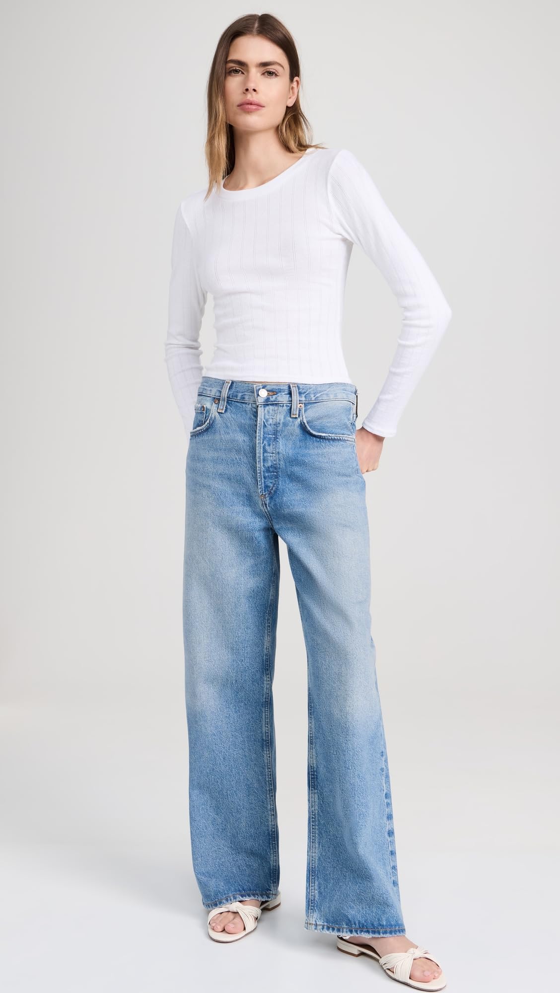 Perfect White Tee Women's Leah Pointelle Long Sleeve Top - Soft & Breathable Knit Shirt for Casual Wear, Office Outfits & Layering
