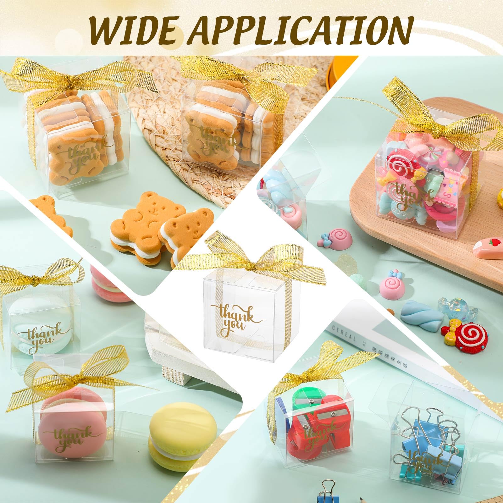 200 Pack Clear Plastic Gift Boxes with Lids & Ribbons - 2x2x2 Inch Transparent Treat Favor Boxes for Macarons, Candy, Cupcakes, Desserts - Perfect for Party Favors, Wedding, Baby Shower, Birthday Gifts & Thank You Packaging