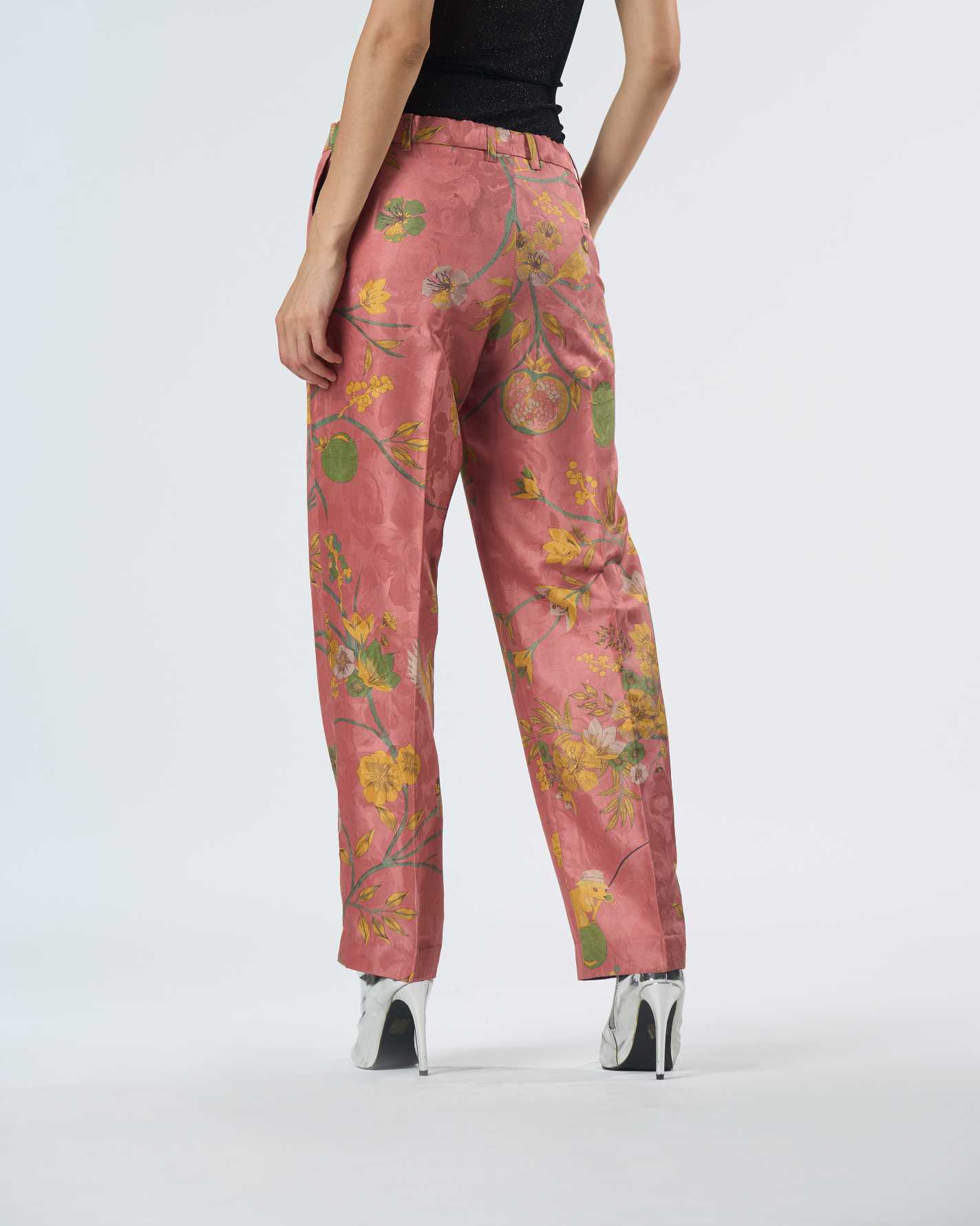 Straight Fit Silk Damask Rose Trousers for Women - Elegant Formal Pants for Office Wear & Special Occasions
