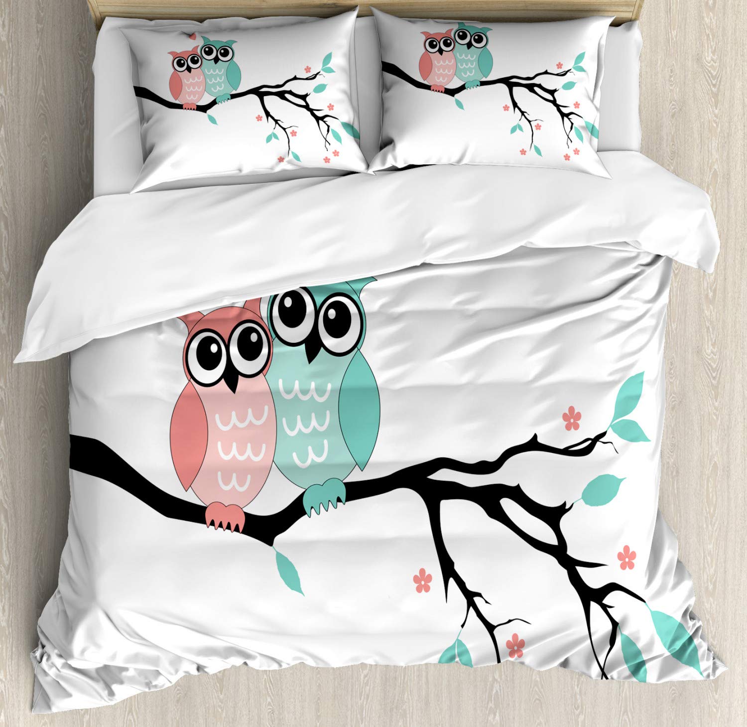 Ambesonne Teal and White Owl Couple Duvet Cover Set - Queen Size 2-Pack with 2 Duvet Covers & 4 Pillowcases, Romantic Valentines Bedding in Turquoise Coral Black - Perfect for Couples Bedroom, Guest Room & Valentine's Day Gift