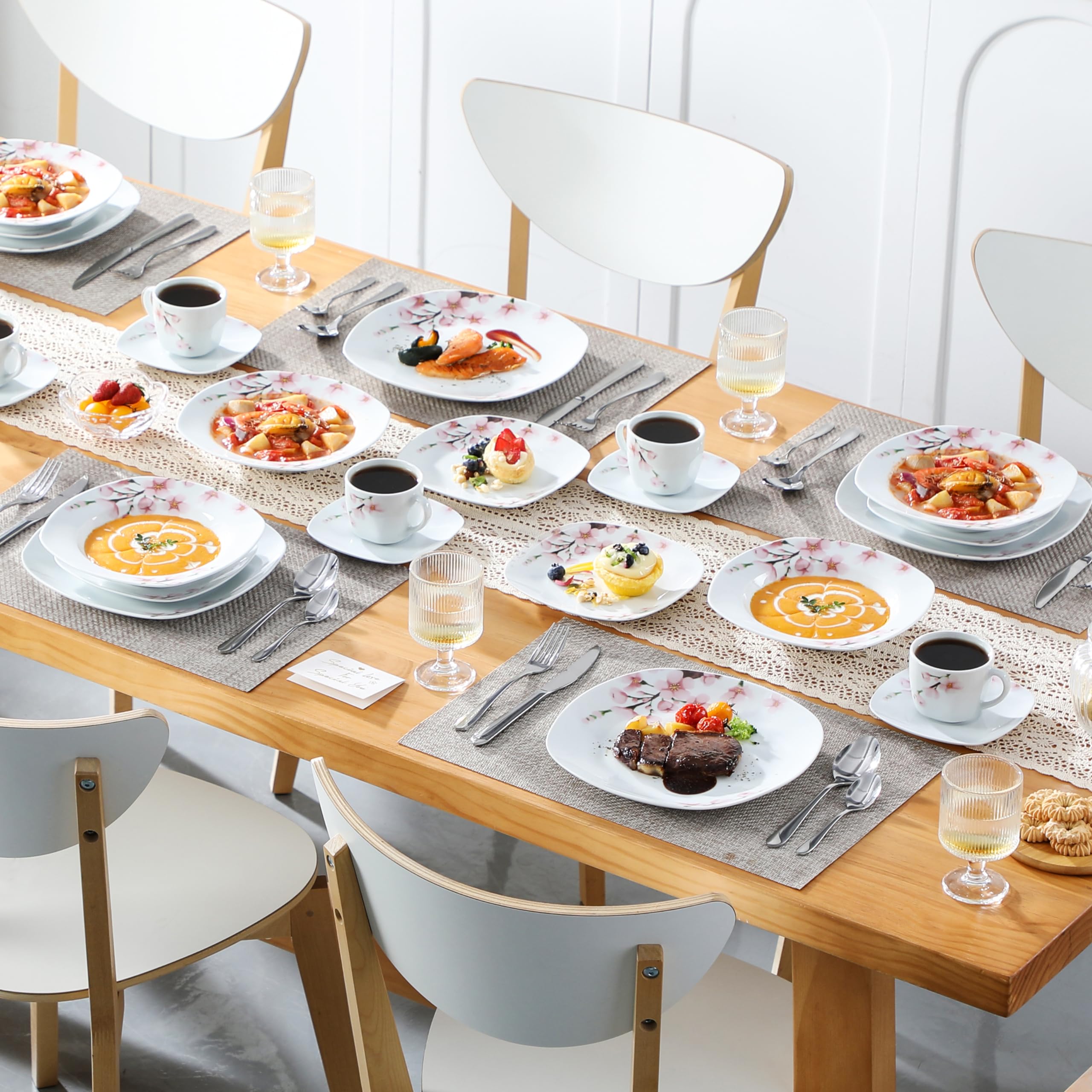 VEWEET Annie Series 30-Piece Porcelain Dinnerware Set for 6 - Elegant White with Pink Floral Design, Includes Dinner Plates, Dessert Plates, Soup Bowls, Cups & Saucers - Perfect for Family Dinners, Bridal Showers & Formal Dining