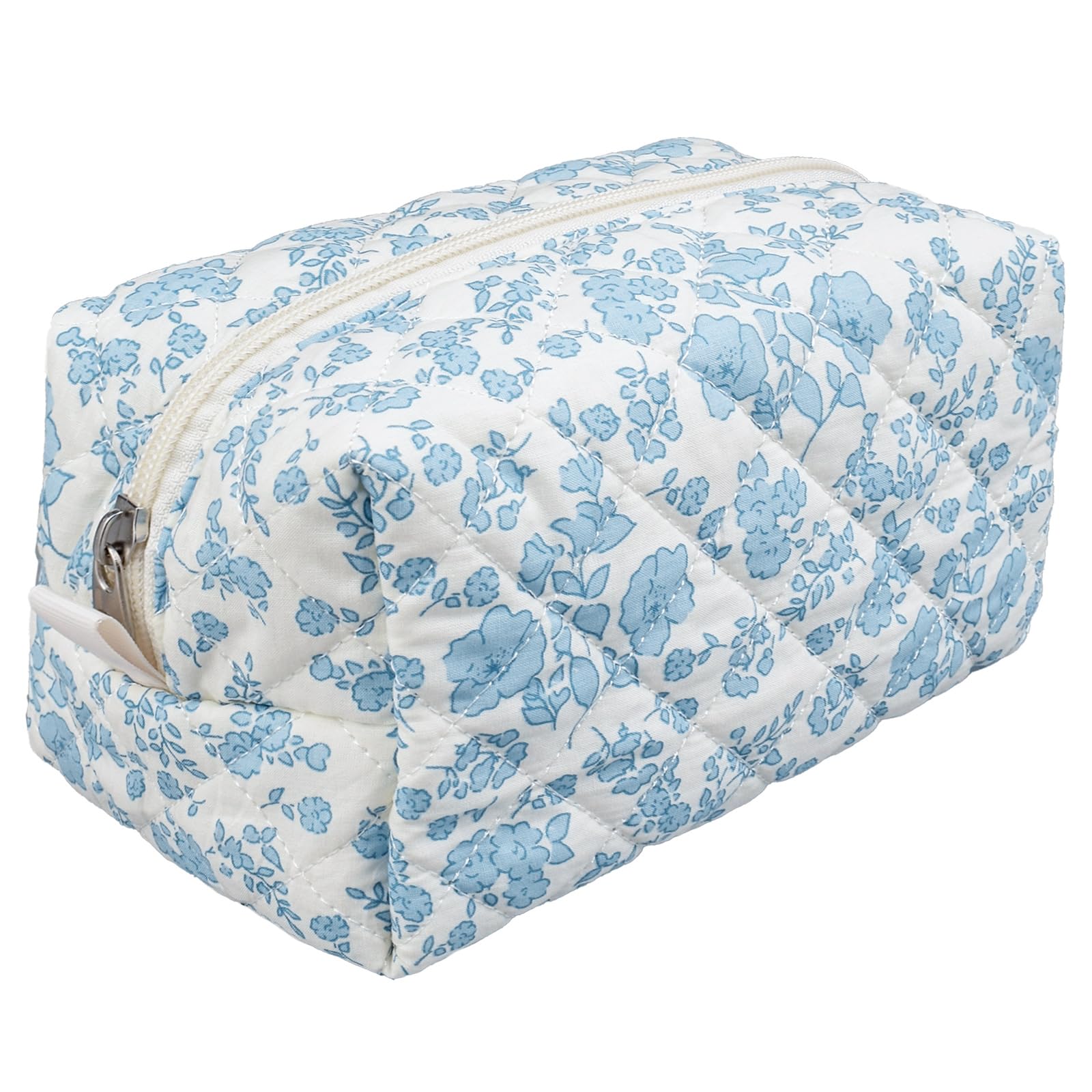 Quilted Floral Makeup Bag for Women - Small Travel Cosmetic Pouch with Cotton Lining for Brushes & Essentials | Perfect for Travel, Gym & Everyday Use
