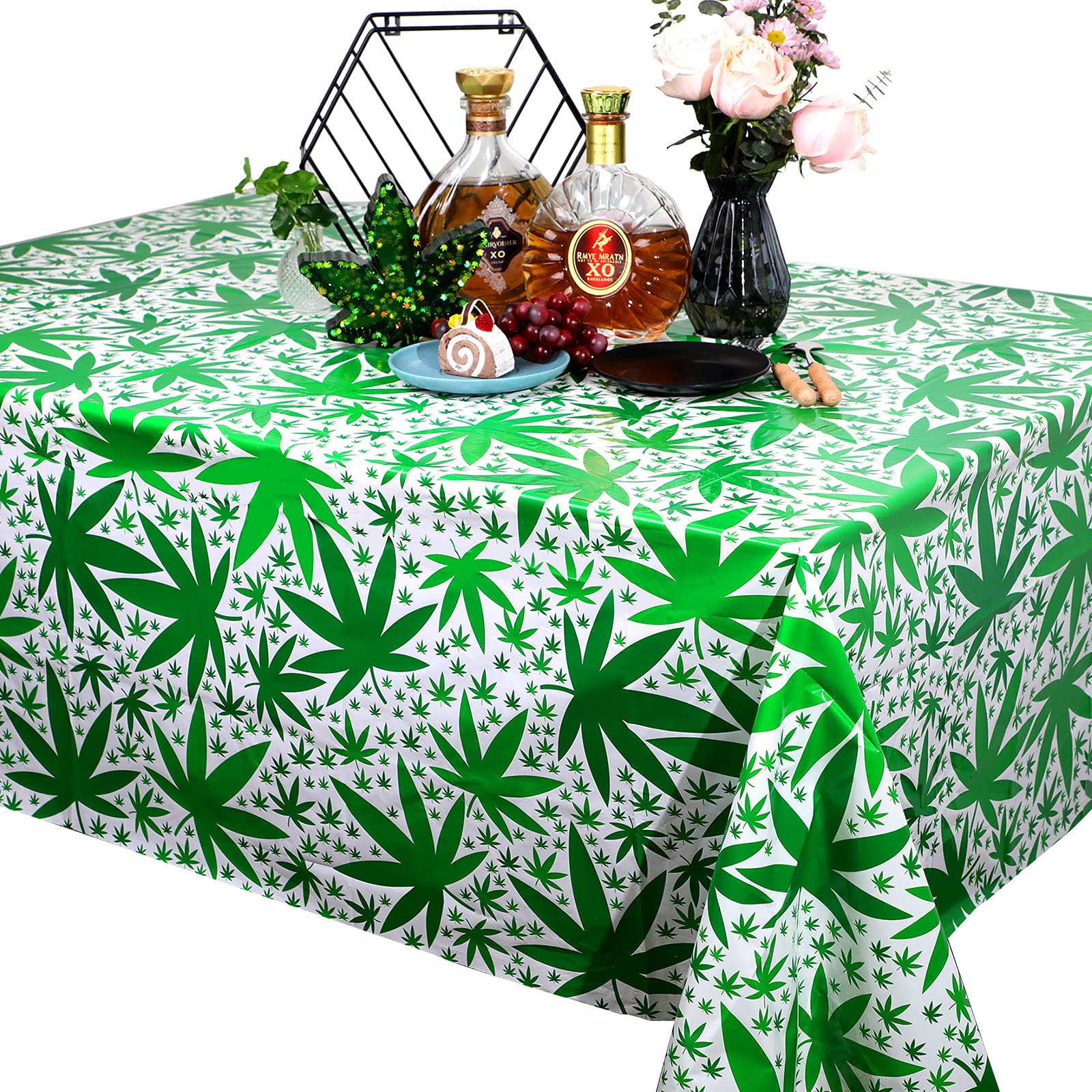 2 Pack Disposable Weed Leaf Tablecloth - Tropical Pot Leaf Design Rectangular Table Cover for Kitchen, Dining Room, Party & Home Decor (51.2 x 108.3 Inches) - Perfect for Stoner Parties, 420 Celebrations & Bohemian Themed Events