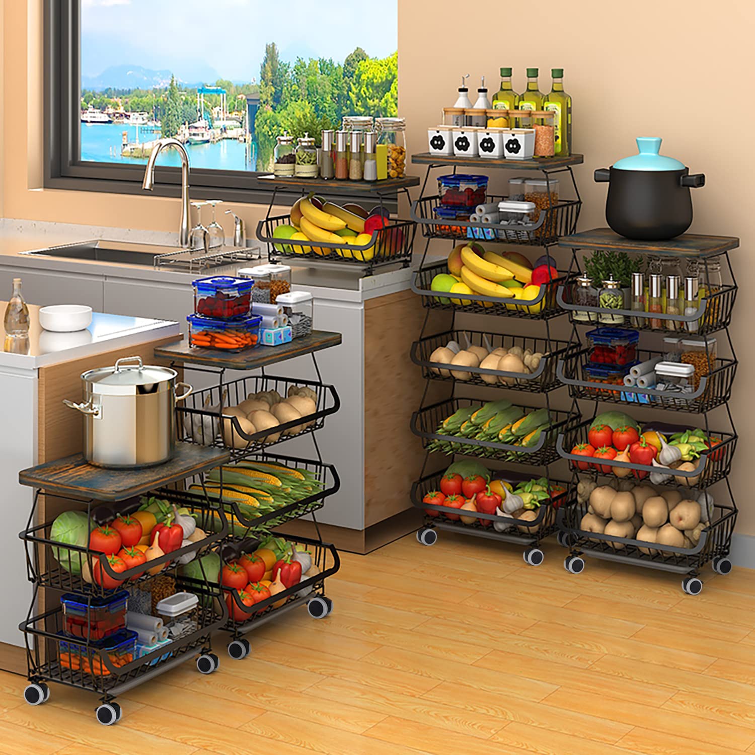 BEEY 6-Tier Kitchen Storage Cart with Rolling Wheels & Wood Tabletop - Stackable Fruit & Vegetable Basket Organizer for Pantry, Bathroom, Garage - Perfect for Home, Office, and Commercial Use