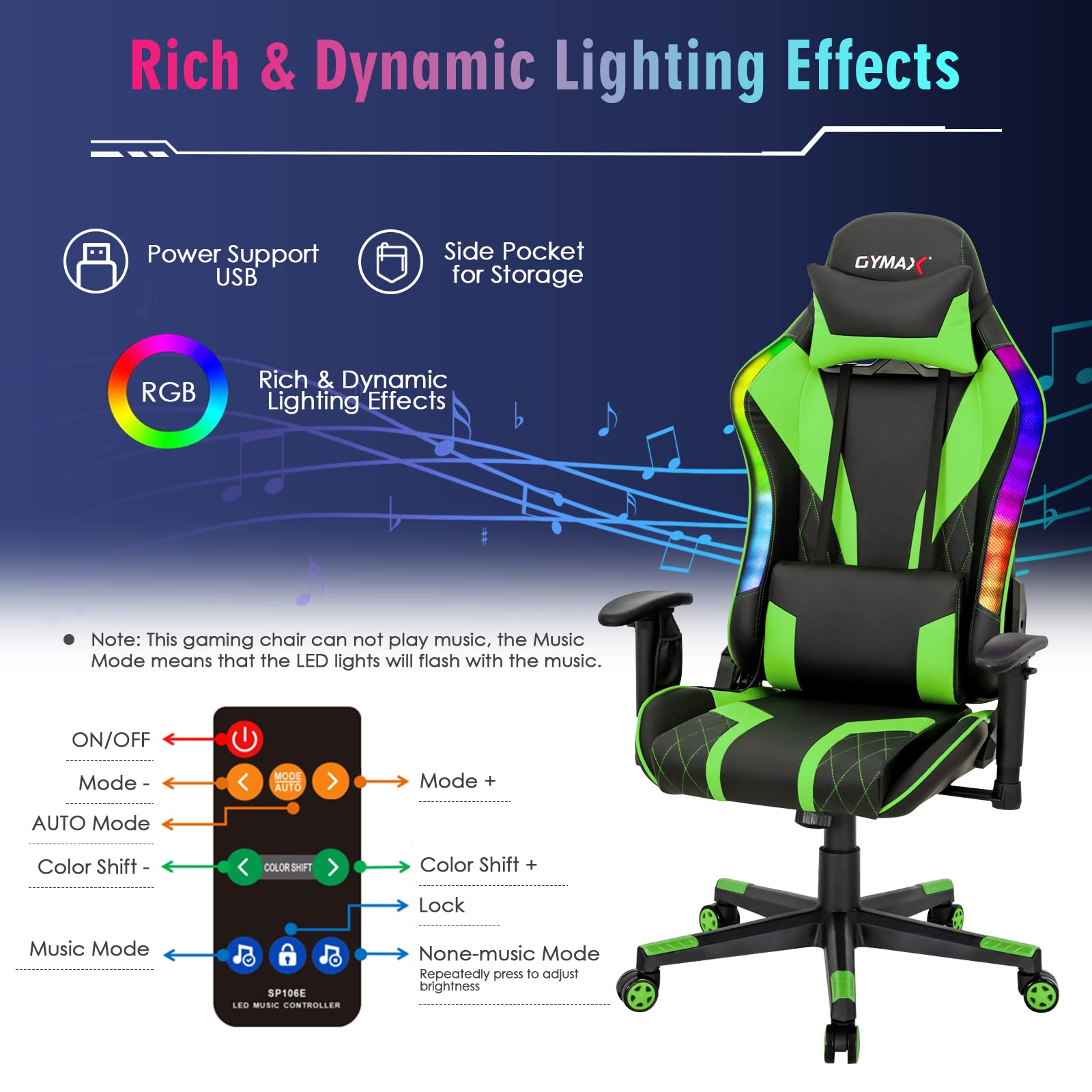 Powerstone RGB Gaming Chair - Ergonomic High Back Racing Style Computer Chair for Adults with Adjustable Lumbar Support & Armrests - Perfect for Esports, Office Work & Home Gaming Setup (Green)