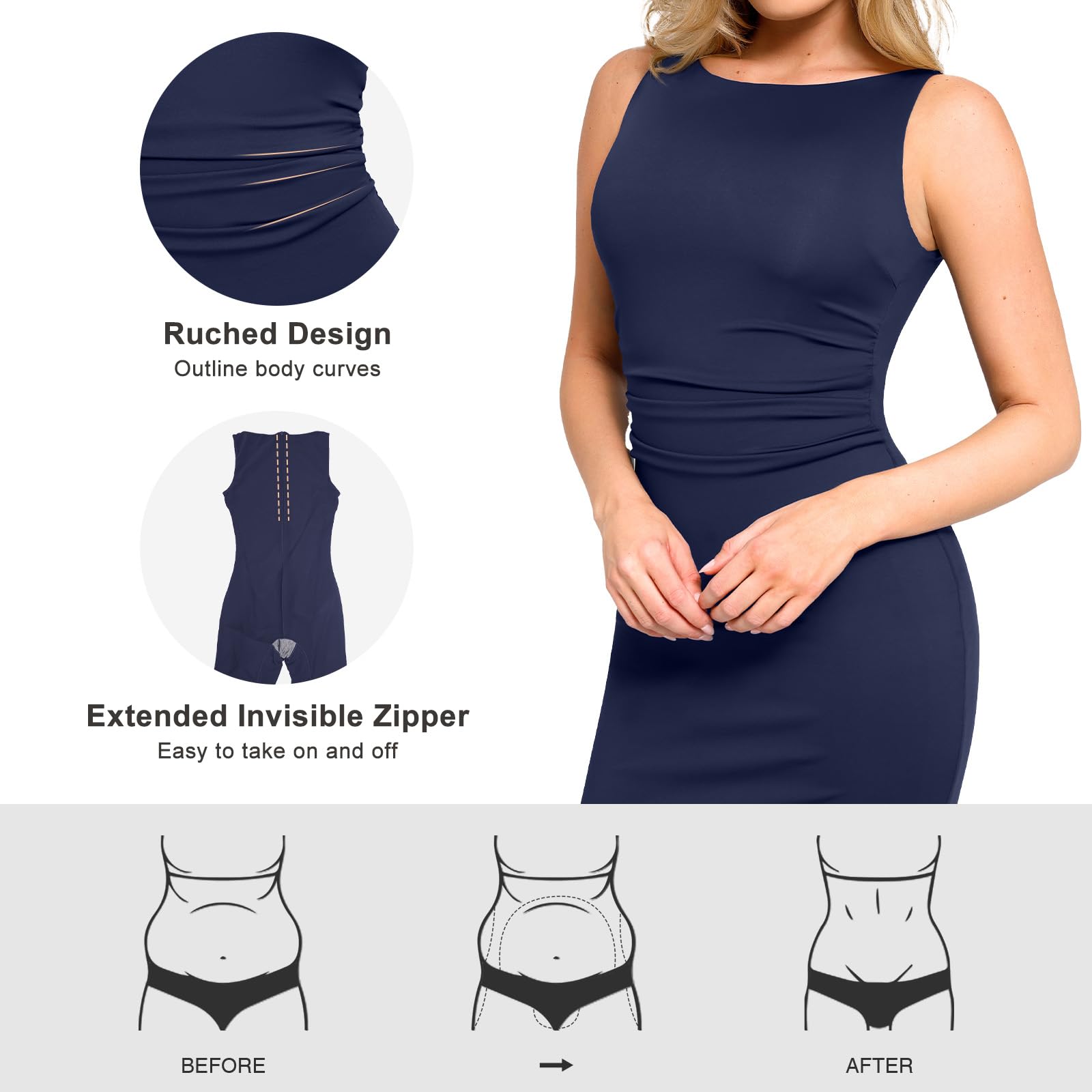 Popilush Women's Shapewear Dress - Slimming Ruched Midi Pencil Dress for Business Casual | Tummy Control Bodycon Dress for Work, Office & Special Occasions