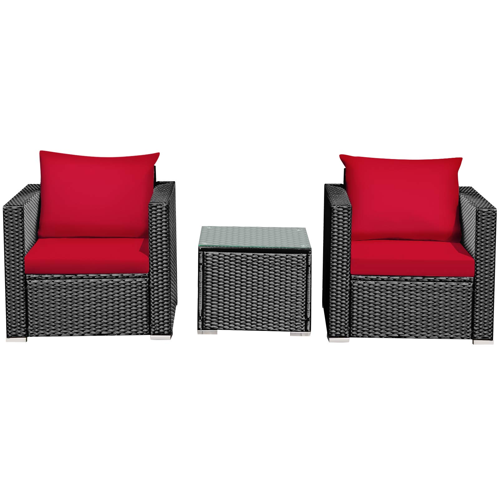Tangkula 3-Piece Outdoor Patio Furniture Set - PE Rattan Wicker Sofa with Washable Cushions & Tempered Glass Table - Garden, Poolside, Backyard Conversation Set (Red) | Perfect for Outdoor Relaxation, Entertaining Guests, and Lounging by the Pool