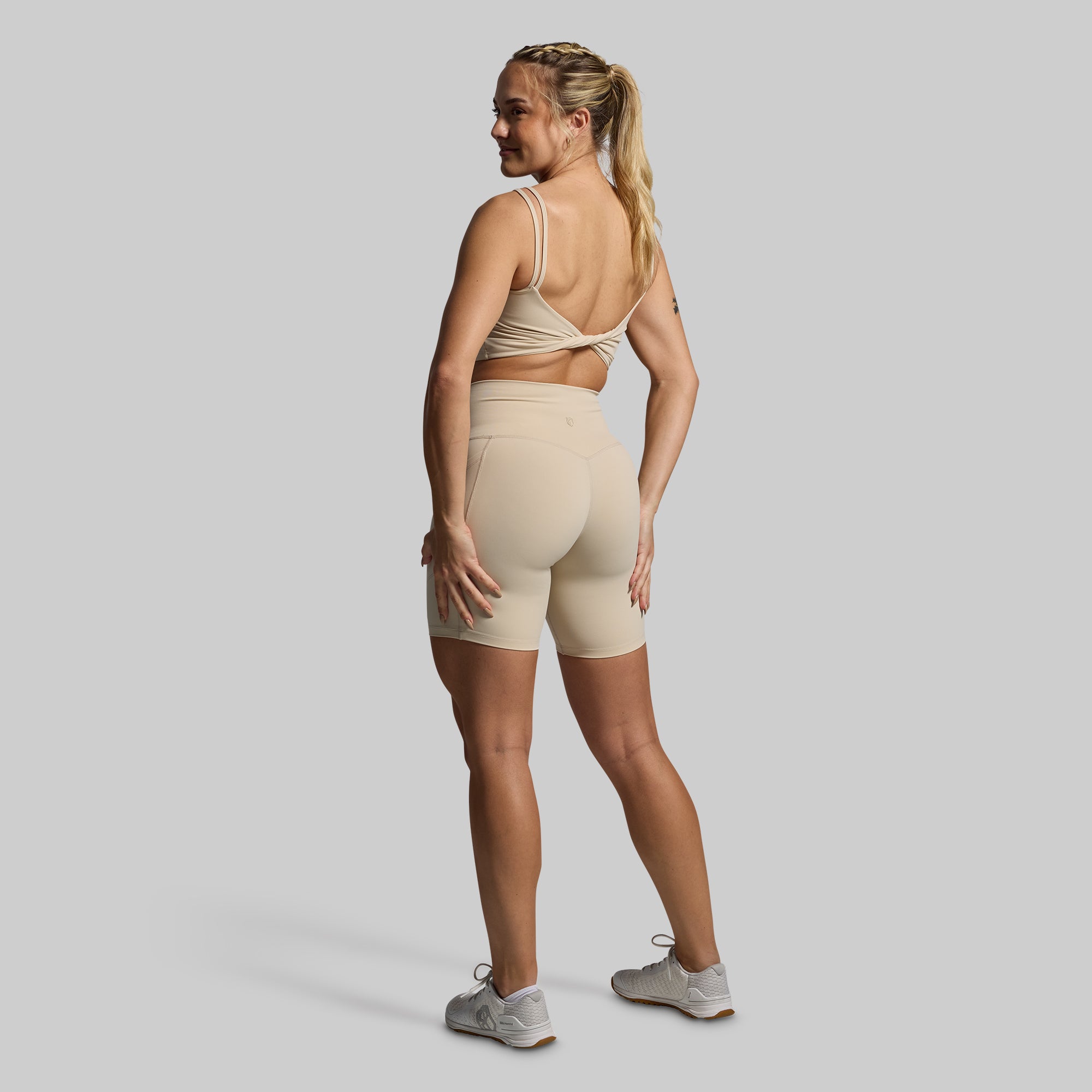 Tempo Biker Shorts for Women - High Waisted Oatmeal Cycling Shorts with Pockets | Perfect for Gym, Running, Yoga & Outdoor Activities