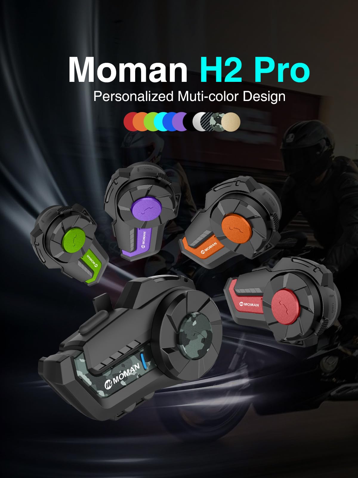 Moman H2 Pro Motorcycle Bluetooth Intercom - Wireless 5.1 Helmet Communication System with DSP & CVC Noise Cancellation, AI Assistant & Music Sharing (Carbon Fiber, 1 Pack) - Perfect for Group Riding, Touring & Hands-Free Calls