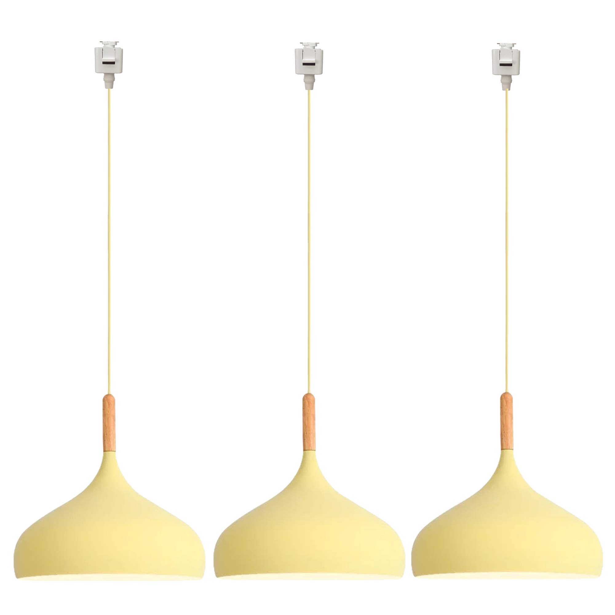 3-Lights Wooden Pendant Light Fixture - J-Type Track Mounted Ceiling Light with 5ft Cord in Macaron Yellow - Customizable Modern Lighting for Living Room, Dining Room, and Bedroom Decor