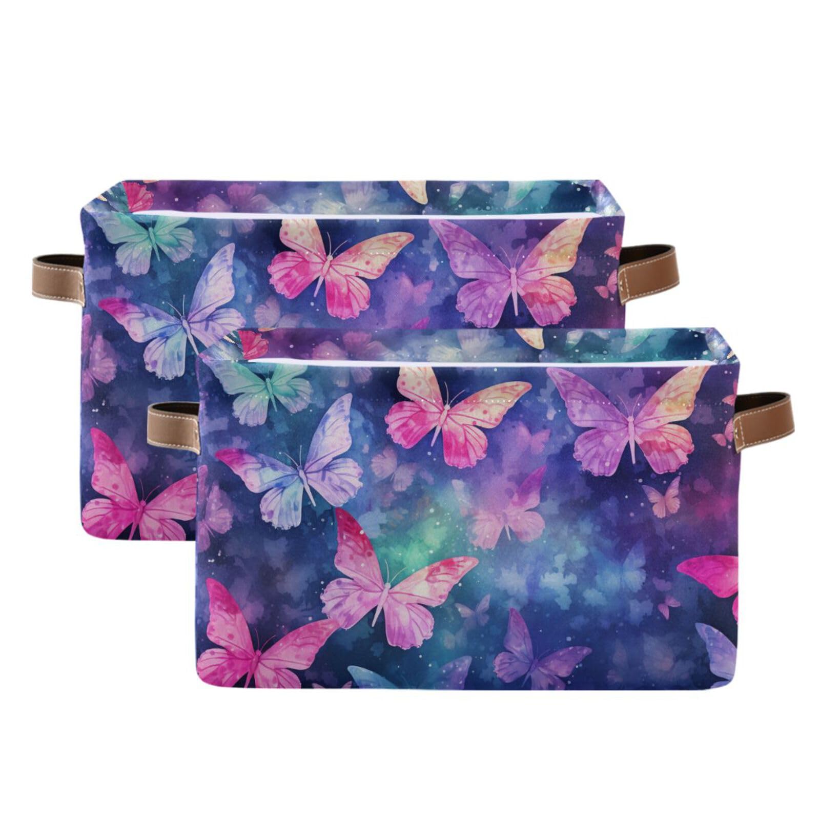 Senya Foldable Fabric Storage Basket - Spring Purple Flowers & Butterfly Design, Collapsible Clothes Organizer Bin for Bedroom, Closet & Laundry Room Storage