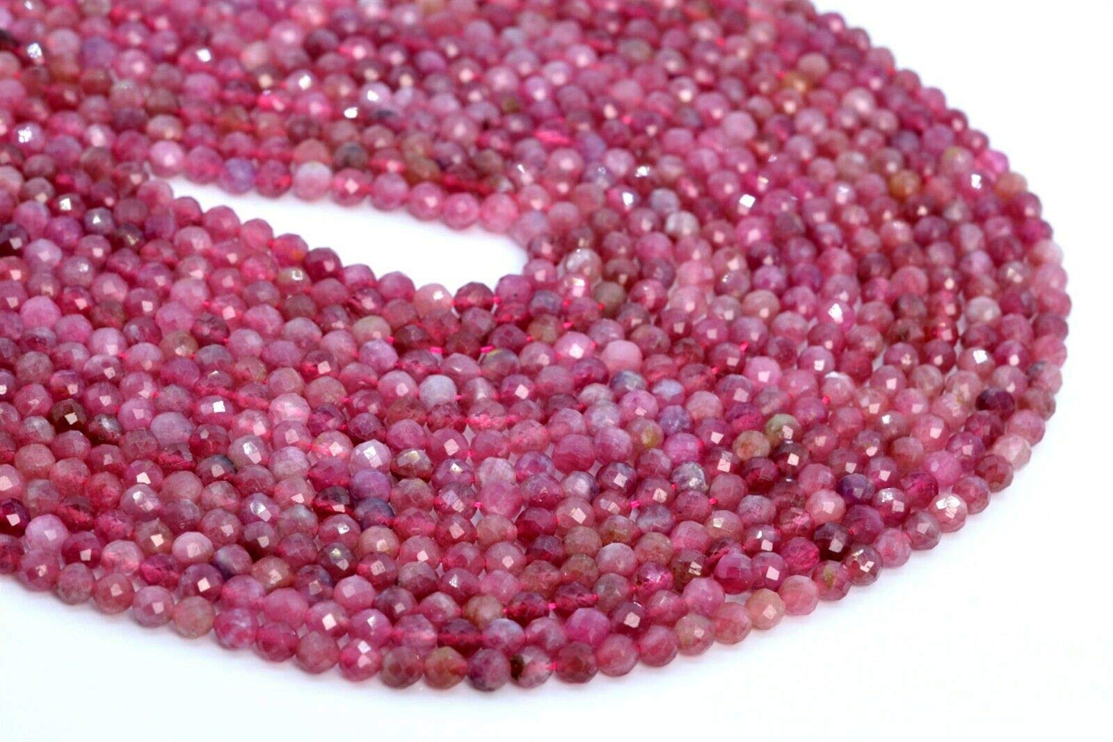 3-4mm Genuine Natural Pink Tourmaline Beads from Brazil - AAA Quality Faceted Round Loose Stone Beads (7.5 Inch Strand) for Jewelry Making, DIY Bracelets & Necklaces