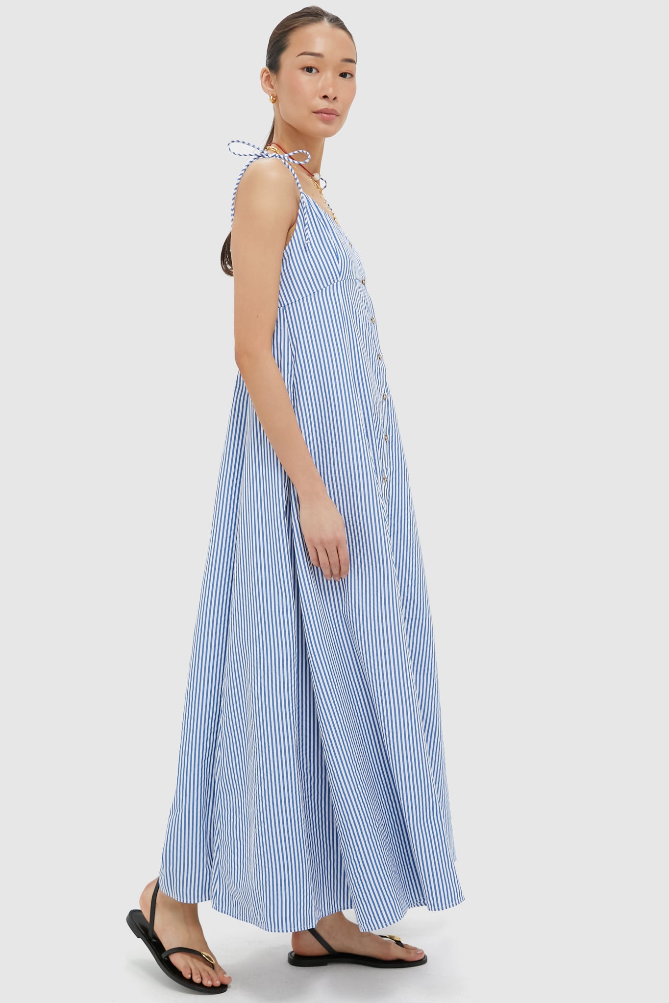 Blue Stripe High Garden Maxi Dress for Women - Flowy Summer Beach Dress with Pockets | Perfect for Vacations, Weddings & Outdoor Parties