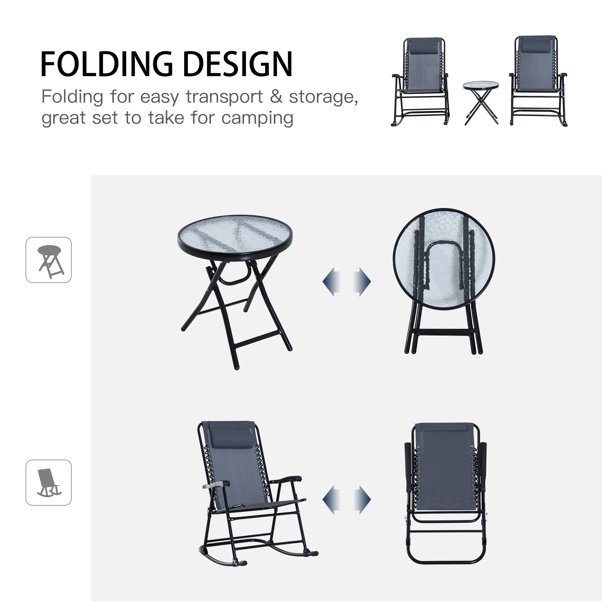 Outsunny 3-Piece Outdoor Rocking Bistro Set - Grey Patio Furniture with Folding Chairs & Glass Coffee Table for Garden, Deck, Backyard | Perfect for Relaxing, Entertaining & Outdoor Dining