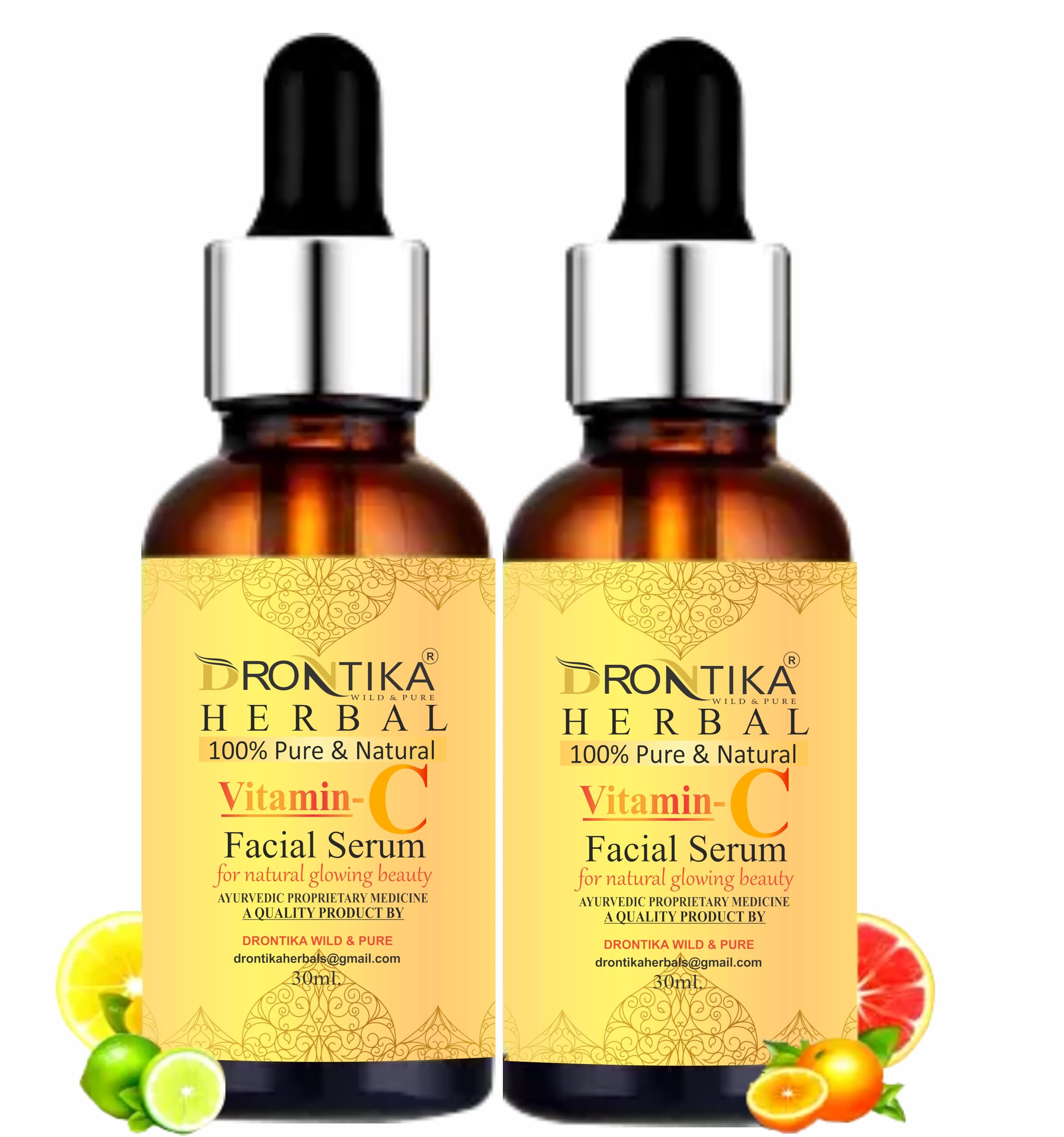 DRONTIKA 100% Natural Vitamin C Face Serum with Hyaluronic Acid - Herbal Brightening & Hydrating Treatment for All Skin Types (60ml, Pack of 2) | Reduce Wrinkles, Dark Spots & Improve Skin Glow | Perfect for Daily Skincare Routine & Nighttime Regimen