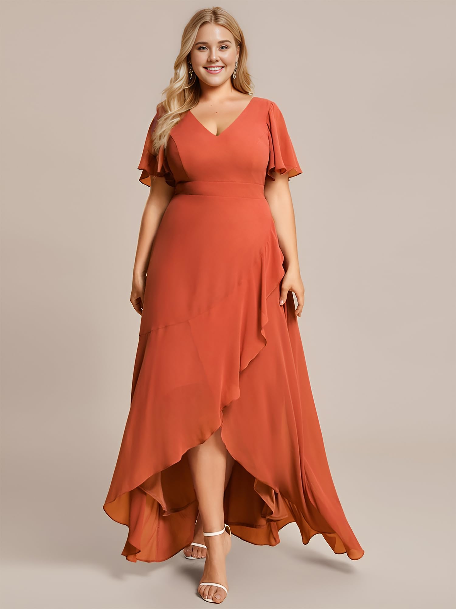 Ever-Pretty Women's Plus Size V-Neck High-Low Chiffon Dress with Sleeves for Wedding Guest, Semi-Formal Occasions & Summer Events - Perfect for Garden Parties, Cocktail Receptions & Bridesmaid Dresses (Style 1749-DAPH)