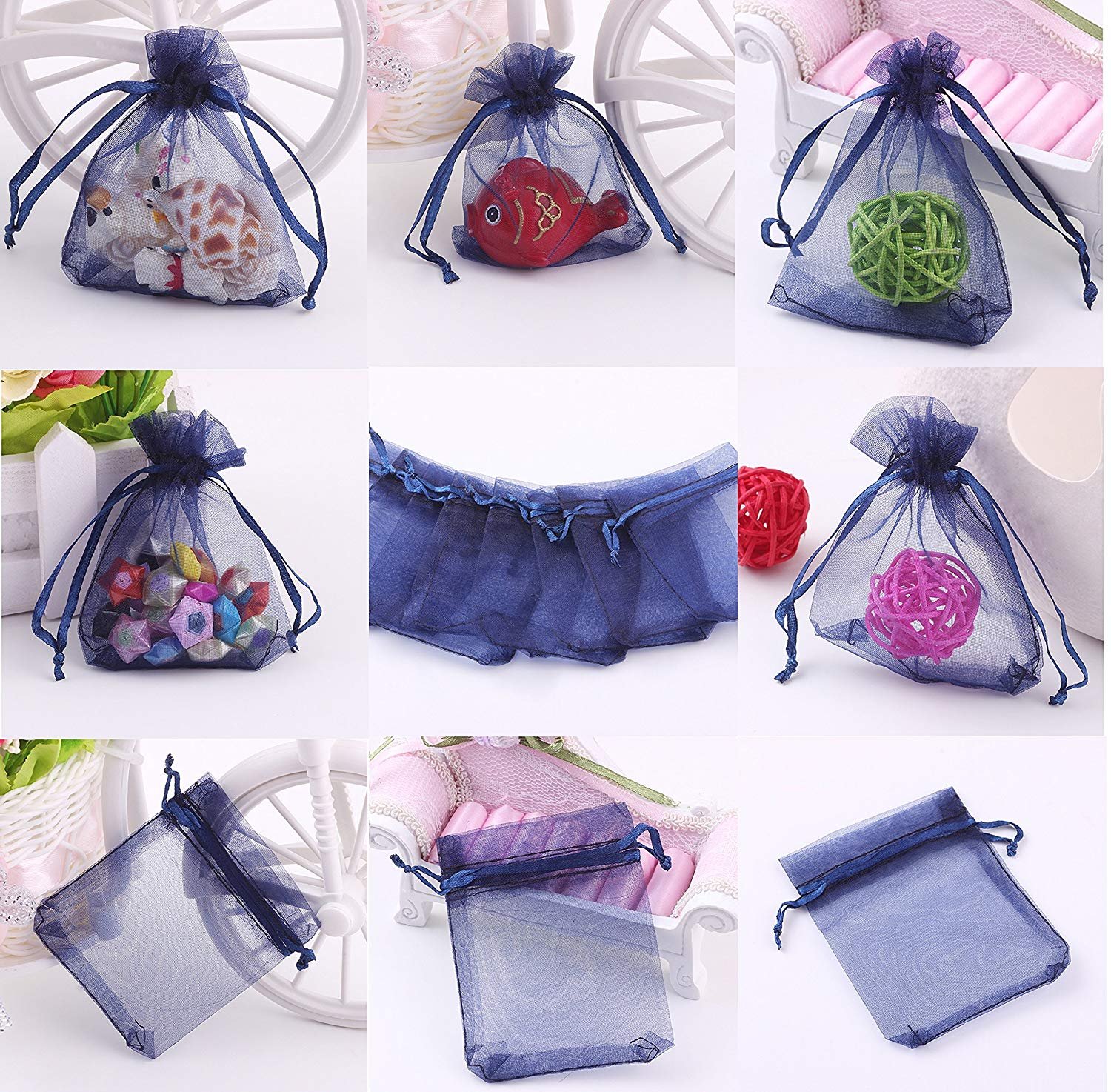 Stratalife 4x6 Inch Organza Drawstring Bags - 100PCS Small Mesh Jewelry Favor Pouches for Wedding, Birthday Party Favors & Gift Packaging (Navy Blue)