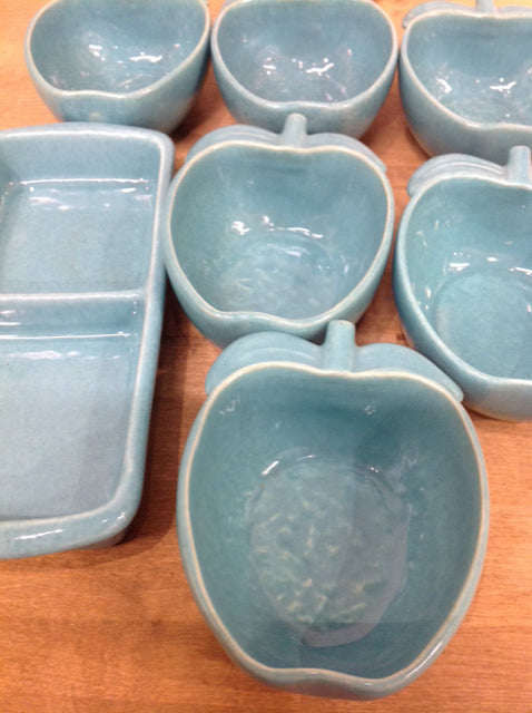 7-Piece Aqua Pottery Redwing Apple Dish Set - Elegant Dinnerware for Apple Themed Parties, Farmhouse Decor & Vintage Table Settings