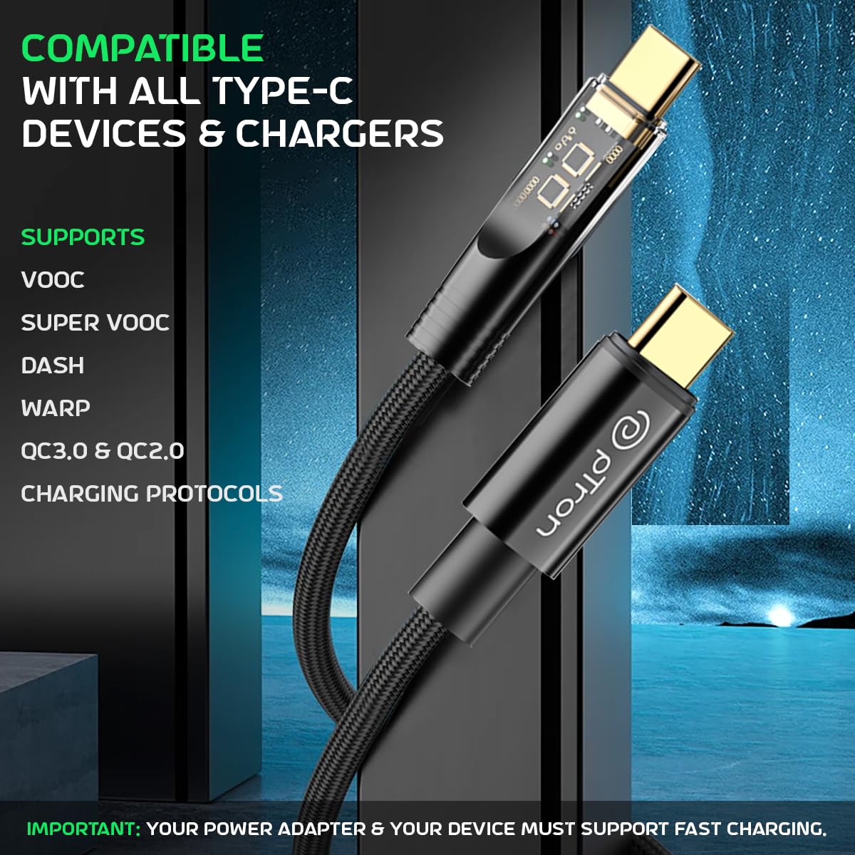 pTron Solero 80W Fast Charging USB Type-C Cable (1M, Black) - High-Speed 480Mbps Data Sync, Durable Nylon Braid - Compatible with Samsung, OnePlus, Oppo, Vivo, Xiaomi & More - Perfect for Travel, Office & Home Charging