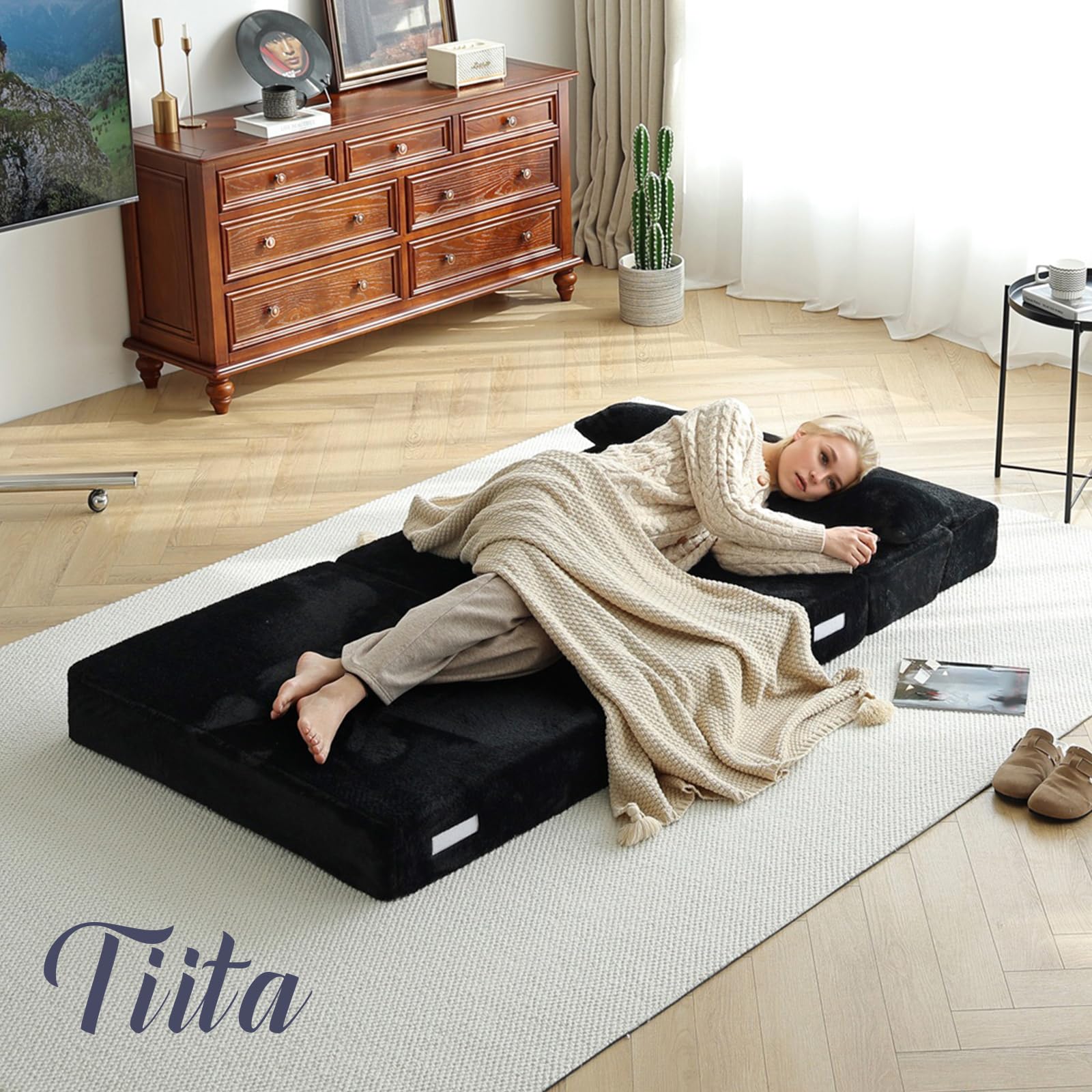 Tiita Folding Sofa Bed with Pillow - Single Size Mattress & Plush Fabric - Portable Storage Bag Included - Multi-Functional Floor Lounger Chair Bed - Perfect for Living Room, Guest Room, Dorm, Apartment, Loft & Home Office - Space-Saving Black Convertible Furniture - Great for Small Spaces, Overnight Guests & Relaxing