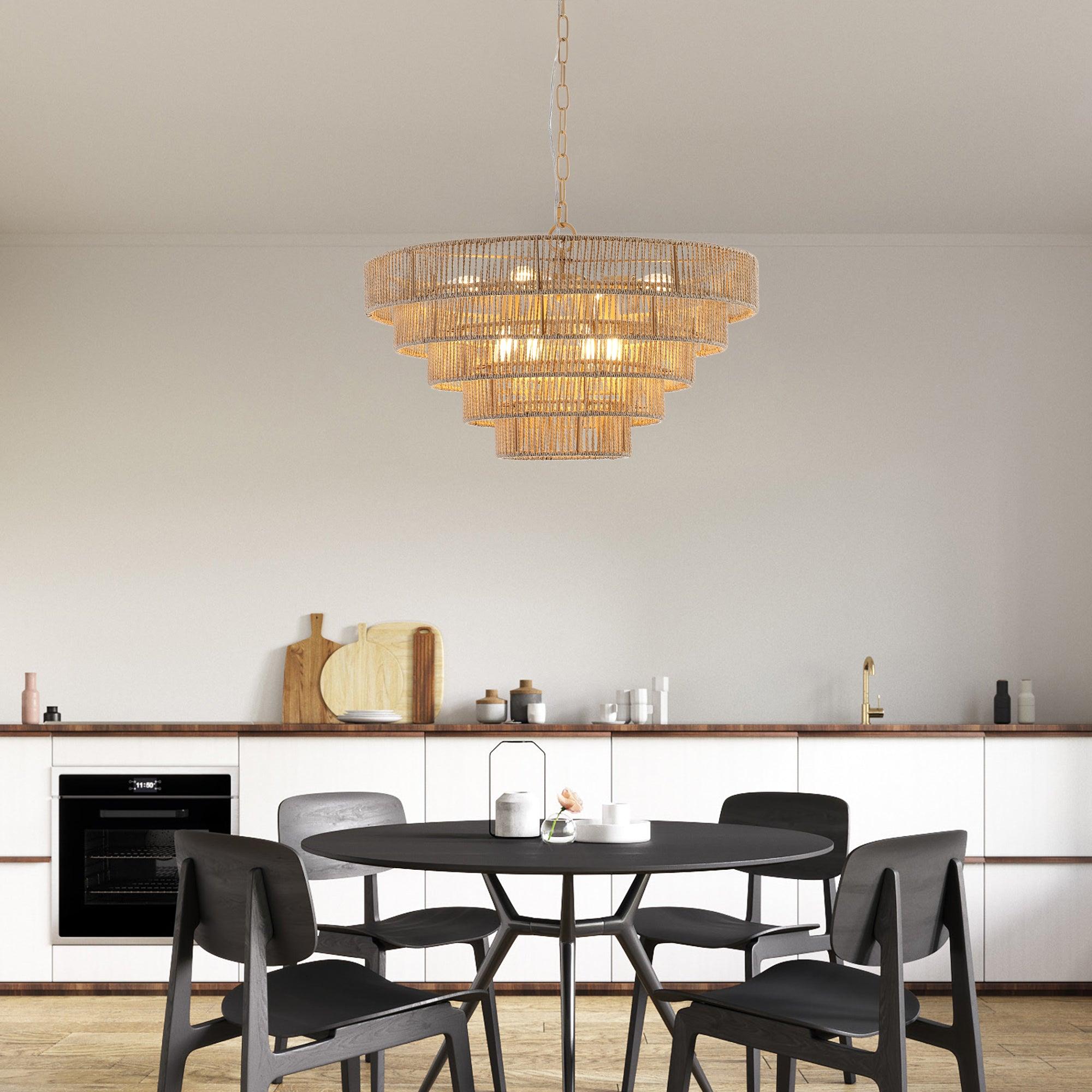 Bohemian Style 23.6 Inch Woven Rattan Pendant Light - 5 Tier Natural Wood Chandelier for Dining Room, Bedroom & Boho Home Decor