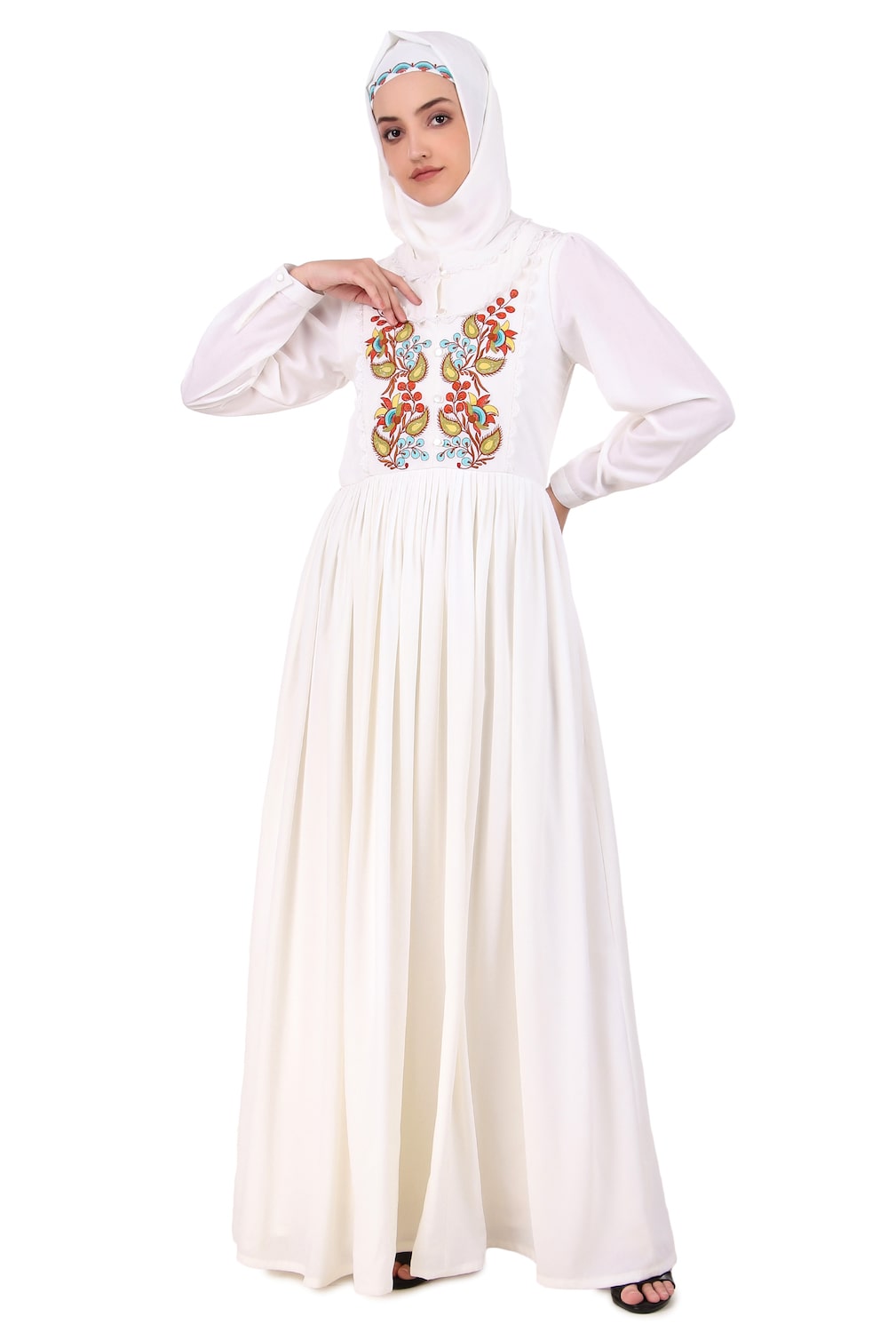 Elegant White Heavy Flared Abaya with Hand Embroidery - Perfect for Weddings, Eid, and Special Occasions