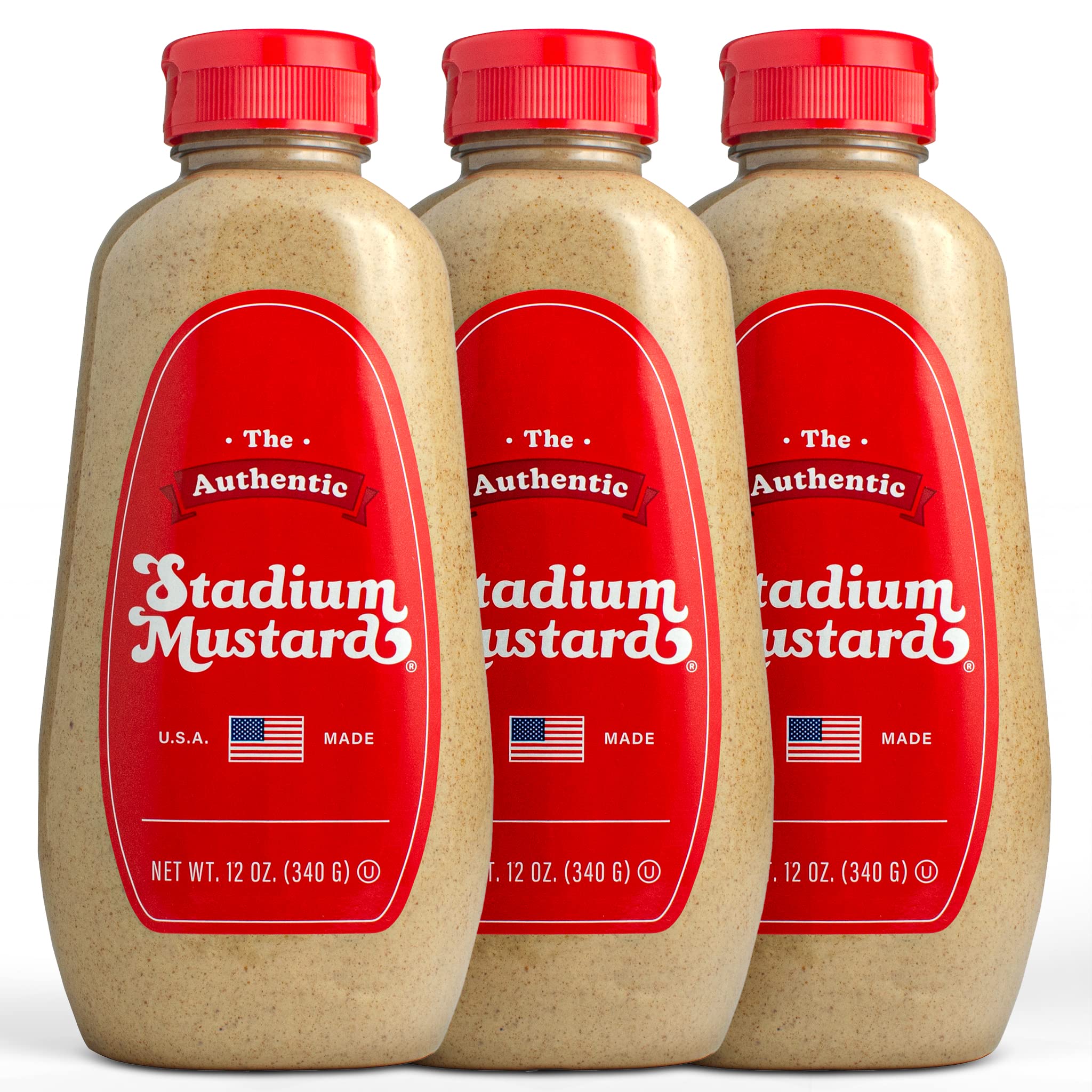 Authentic Stadium Mustard - Classic Hot Dog & Hamburger Condiment | Gluten Free, Sugar Free, Kosher, Fat Free | 12oz (Pack of 3) | Perfect for BBQs, Picnics & Game Day Snacks