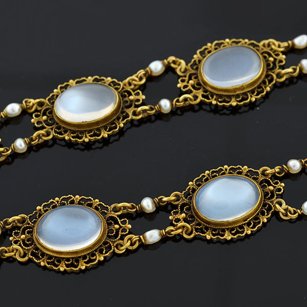 Victorian Style 14K Gold Moonstone and Pearl Filigree Jewelry Set - Elegant Earrings & Necklace for Weddings, Parties & Special Occasions