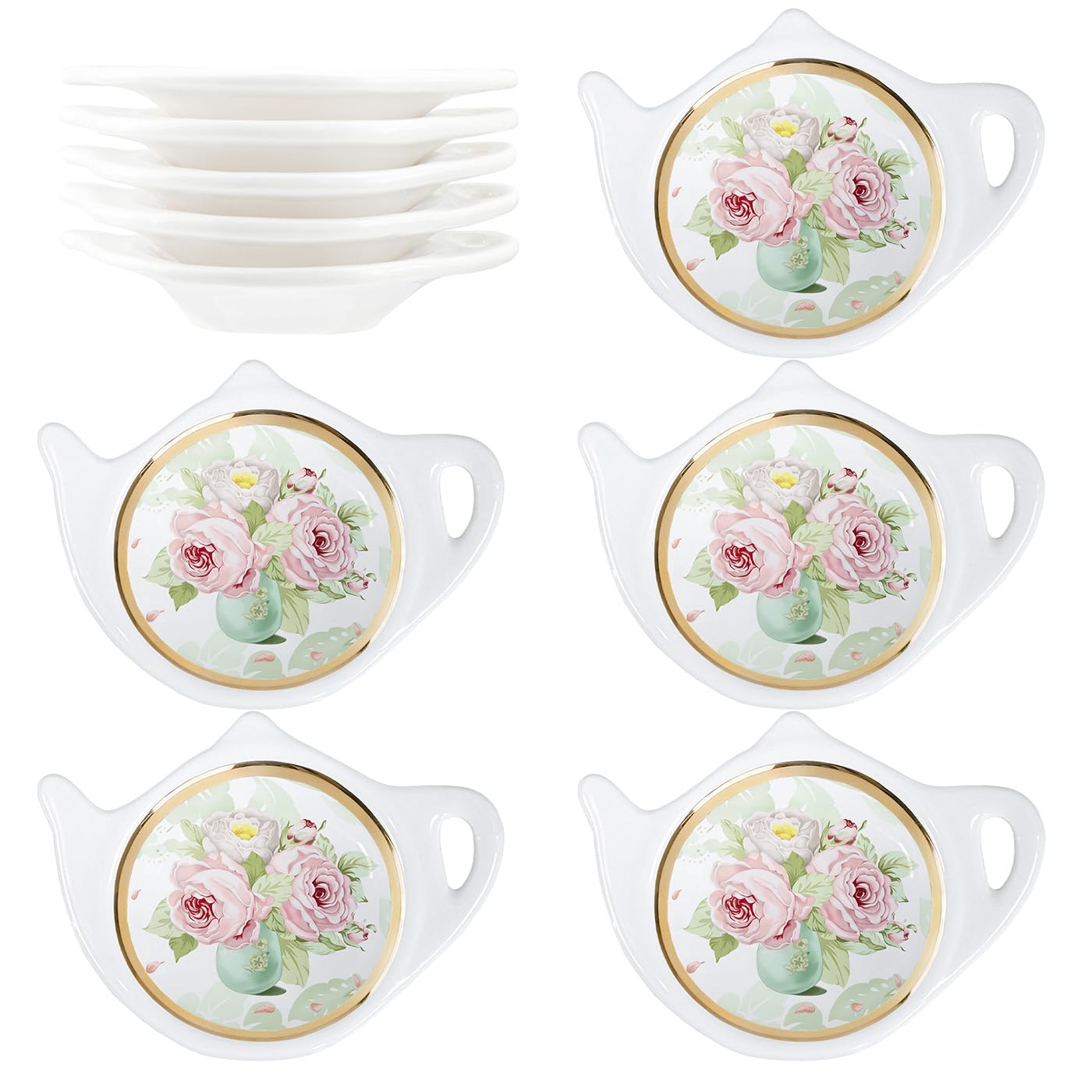 Elegant Floral Tea Bag Holder with Gold Trim - Porcelain Teapot-Shaped Coaster & Saucer Set (4 Inch/10cm, 10-Pack) - Perfect for Afternoon Tea, Gifts, and Kitchen Decor