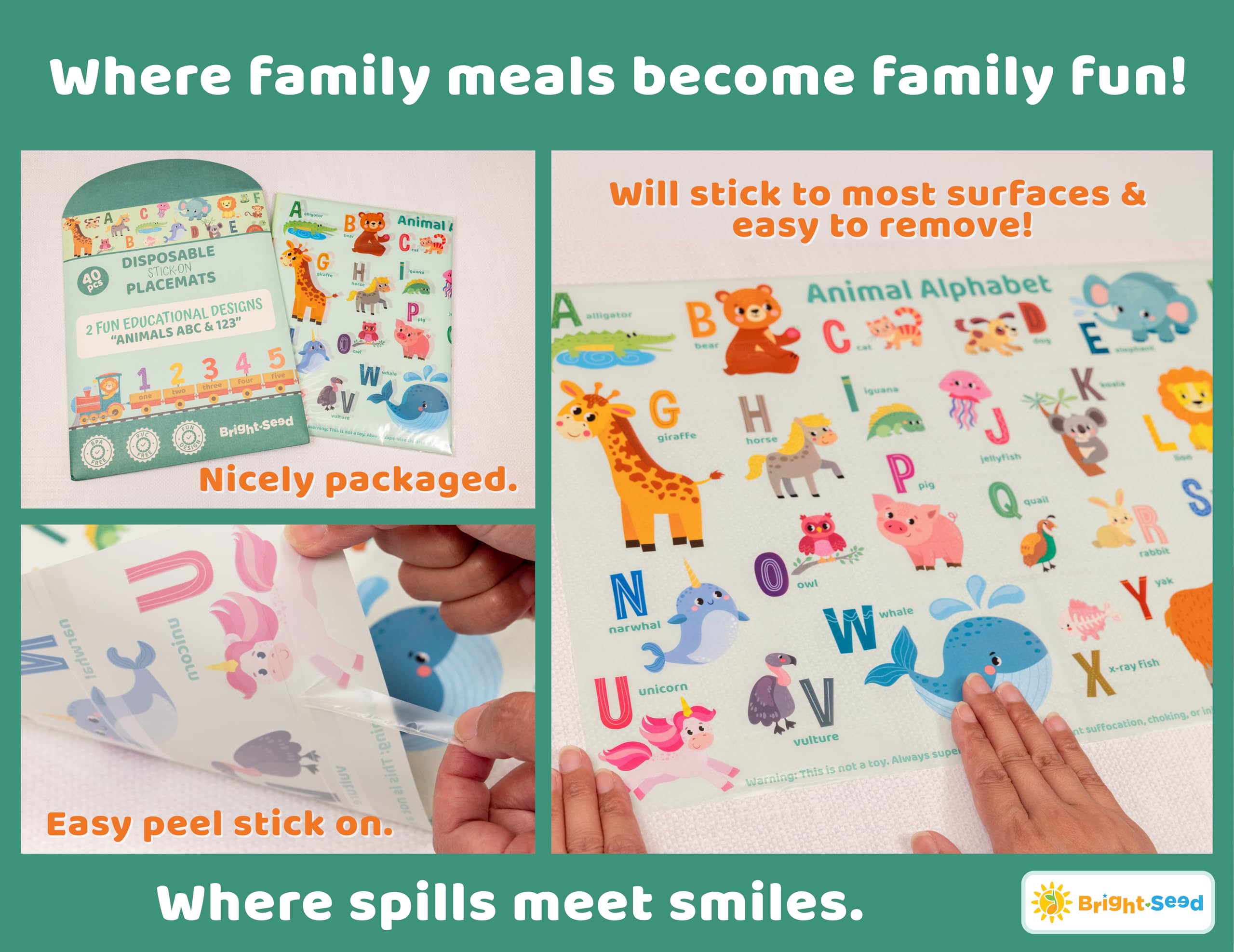 Disposable Baby Placemats for Toddlers & Kids - 40 Pack Waterproof Dining Mats for Restaurants, Travel & Home Use - ABC, Numbers & Animal Learning Mats - Perfect for High Chairs, Picnics & On-the-Go Meals