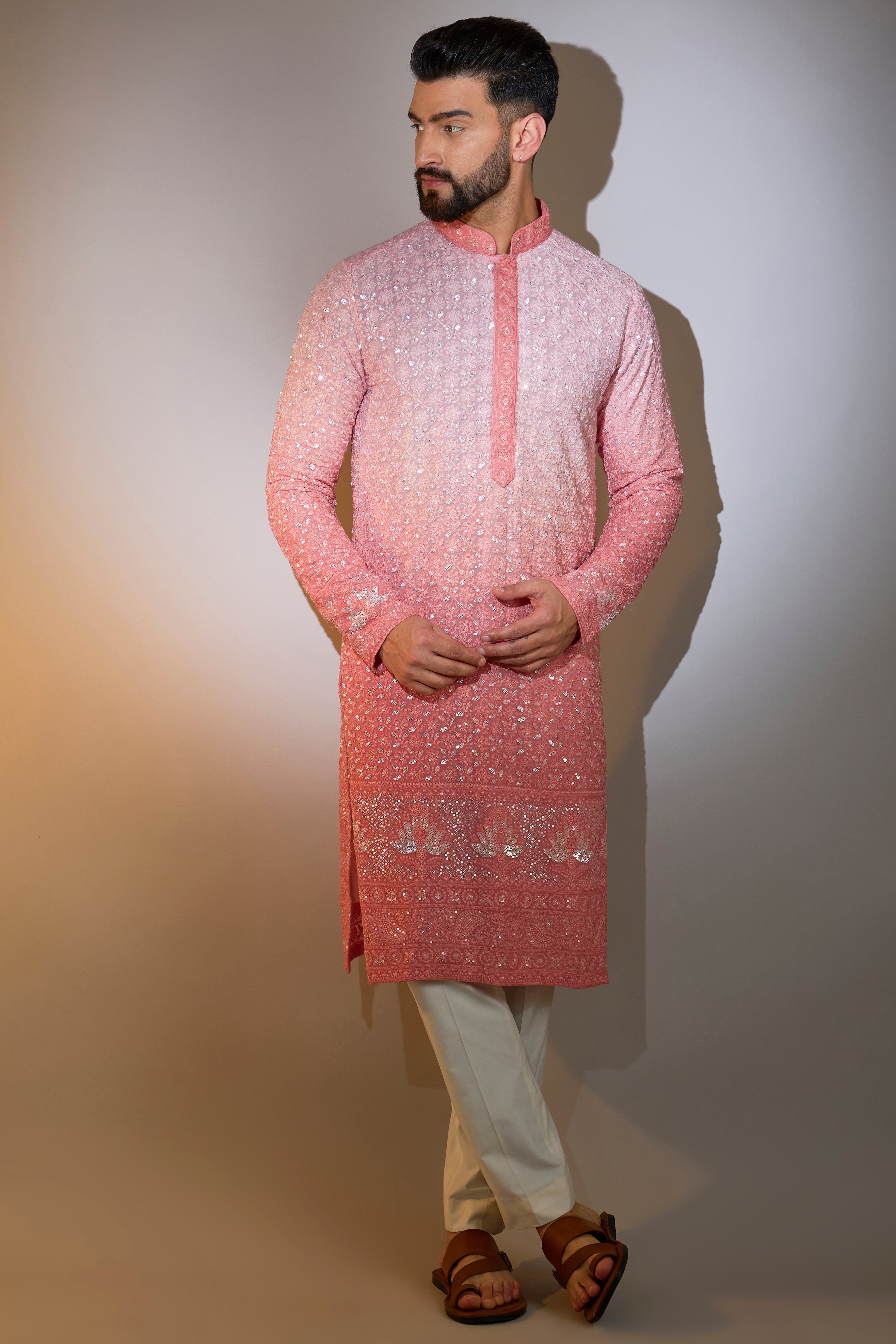 Peach Ombre Shaded Mirror Work Chikankari Kurta - Elegant Handcrafted Indian Tunic for Women, Perfect for Festivals, Weddings & Casual Wear