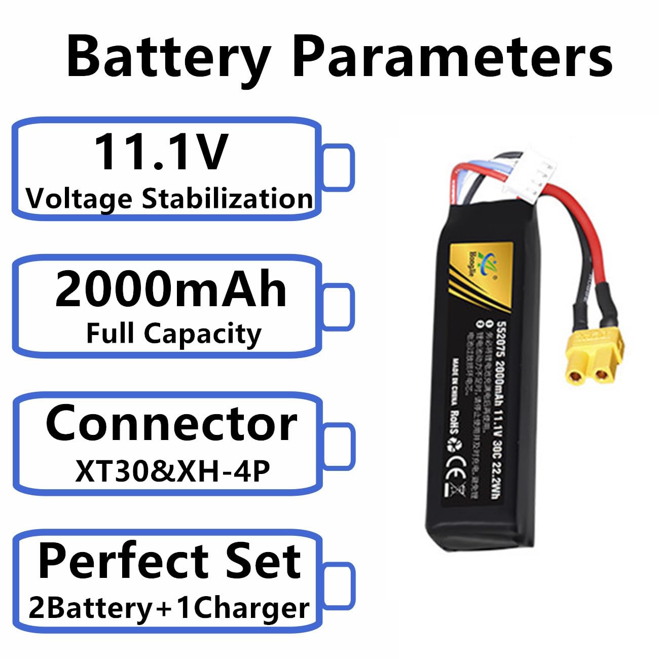 Cecicebb 2000mAh 11.1V 3S Lipo Battery with XT30 Connector - 2 Pack Rechargeable Airsoft Batteries with Charging Cable for Gel Blaster, Water Bead Guns, and Airsoft AEGs - Perfect for Outdoor Battles and Tactical Games