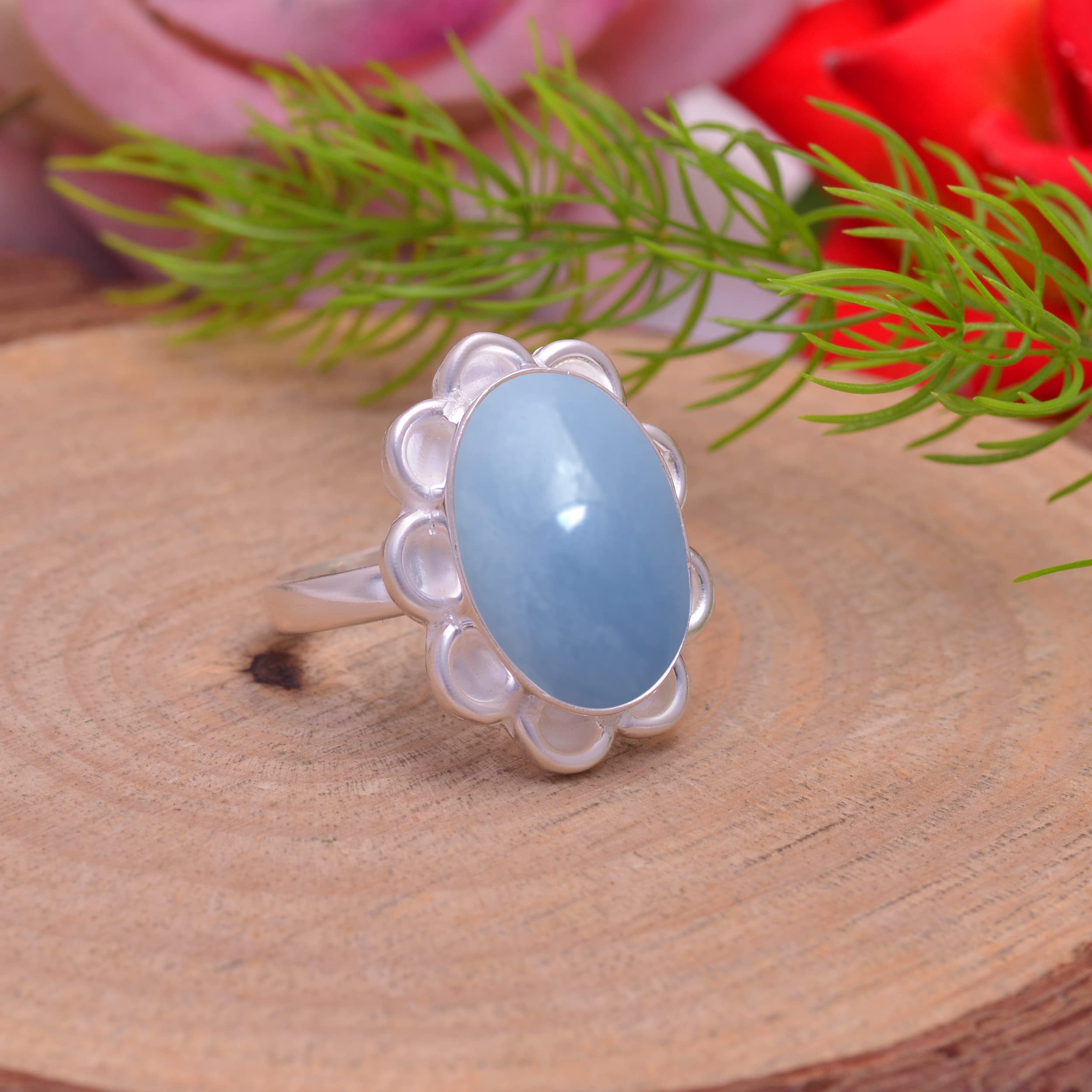 Veracity Jewelry Angelite Rings for Women - 925 Sterling Silver Handmade Rings with Natural Blue Angelite Gemstone - Elegant Designer Jewelry Gift for Her - Perfect for Weddings, Anniversaries & Special Occasions