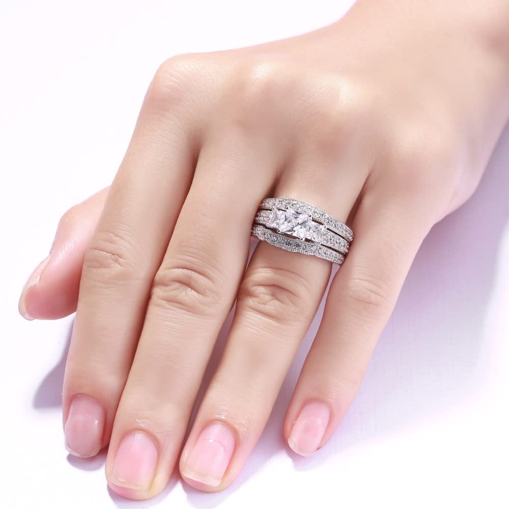 2.8 Ctw Moissanite Princess Cut Wedding Ring Set for Women - Platinum Plated Silver 3-Piece Bridal Set with 3 Stones - Engagement & Anniversary Promise Rings - Perfect for Proposals, Weddings, and Special Occasions