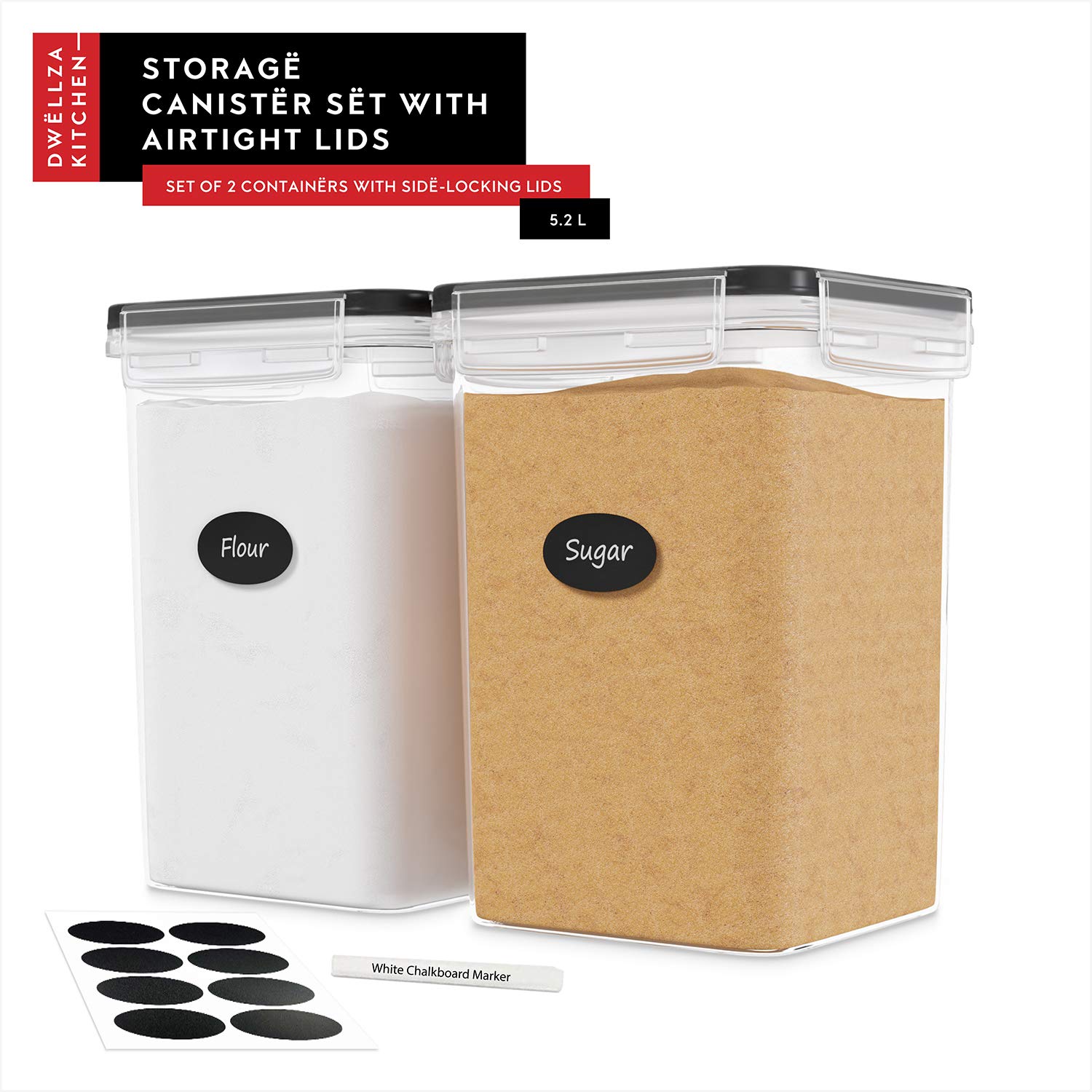 DWËLLZA KITCHEN 2-Piece Extra Large Airtight Food Storage Containers (175 oz) - Flour & Sugar Canisters with Marker & Labels for Pantry Organization | Bulk Kitchen Storage for Baking, Meal Prep & Home Organization
