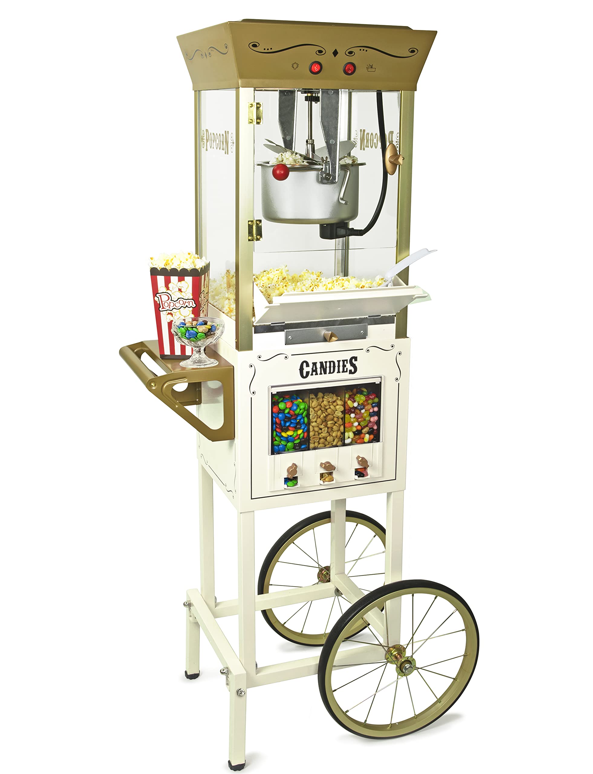 Professional Nostalgia Popcorn Maker Cart - 8 Oz Kettle Makes 32 Cups, Vintage Movie Theater Popcorn Machine with 3 Candy Dispensers, Interior Light & Accessories (Ivory) - Perfect for Home Theater, Parties & Family Movie Nights