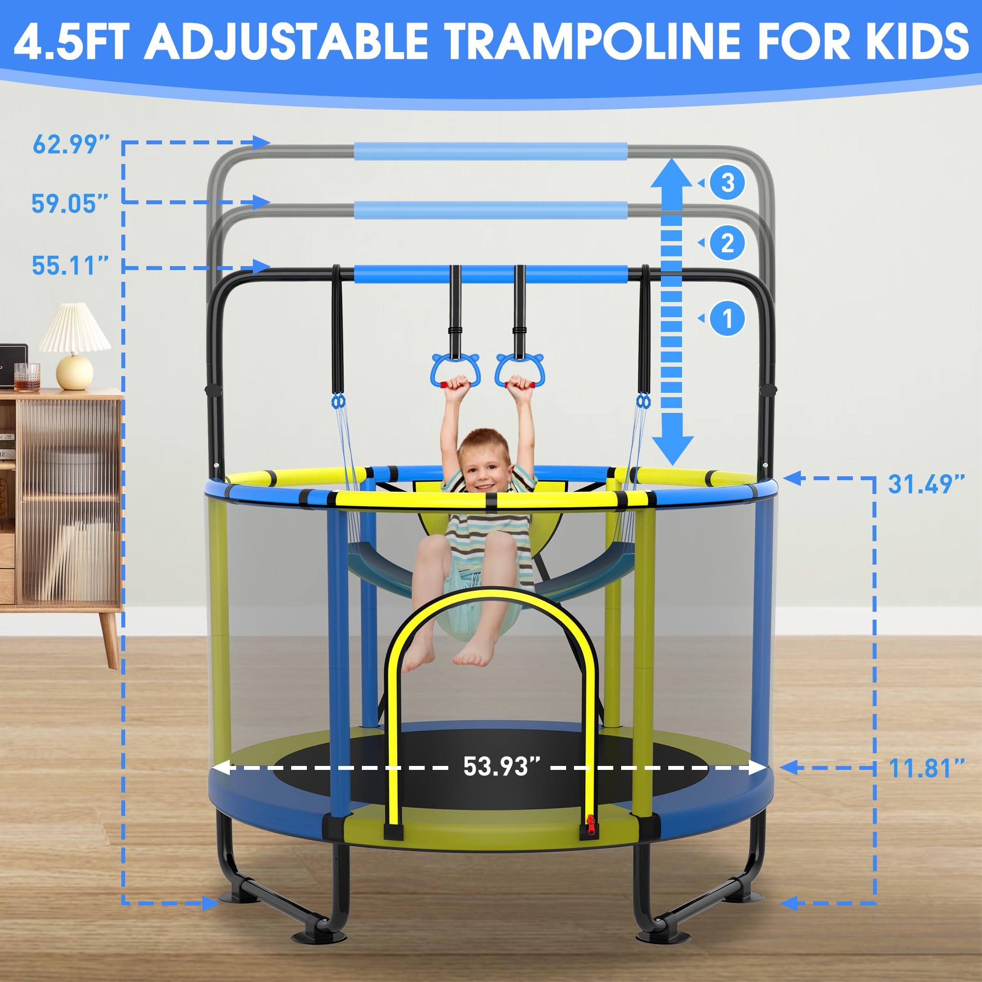 SKYUP 4.5/5/5.5FT Kids Trampoline with Safety Net - 400LB Capacity Toddler Trampoline Set with Swing, Adjustable Gymnastics Bars & Basketball Hoop - Indoor/Outdoor Mini Trampoline for Boys & Girls Ages 1-8 | Perfect Birthday Gift & Backyard Play Equipment