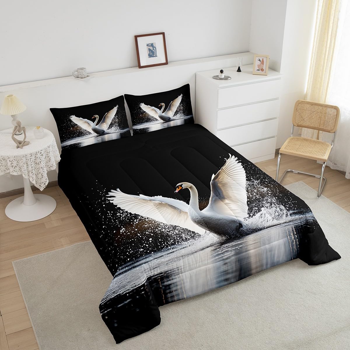 Black Swan Lake Queen Size Duvet Insert - Ocean Wildlife Comforter Set with White Goose Design, Wild Animals Bedding for Kids, Teens & Adults | Perfect for Nursery, Bedroom Decor & Themed Rooms