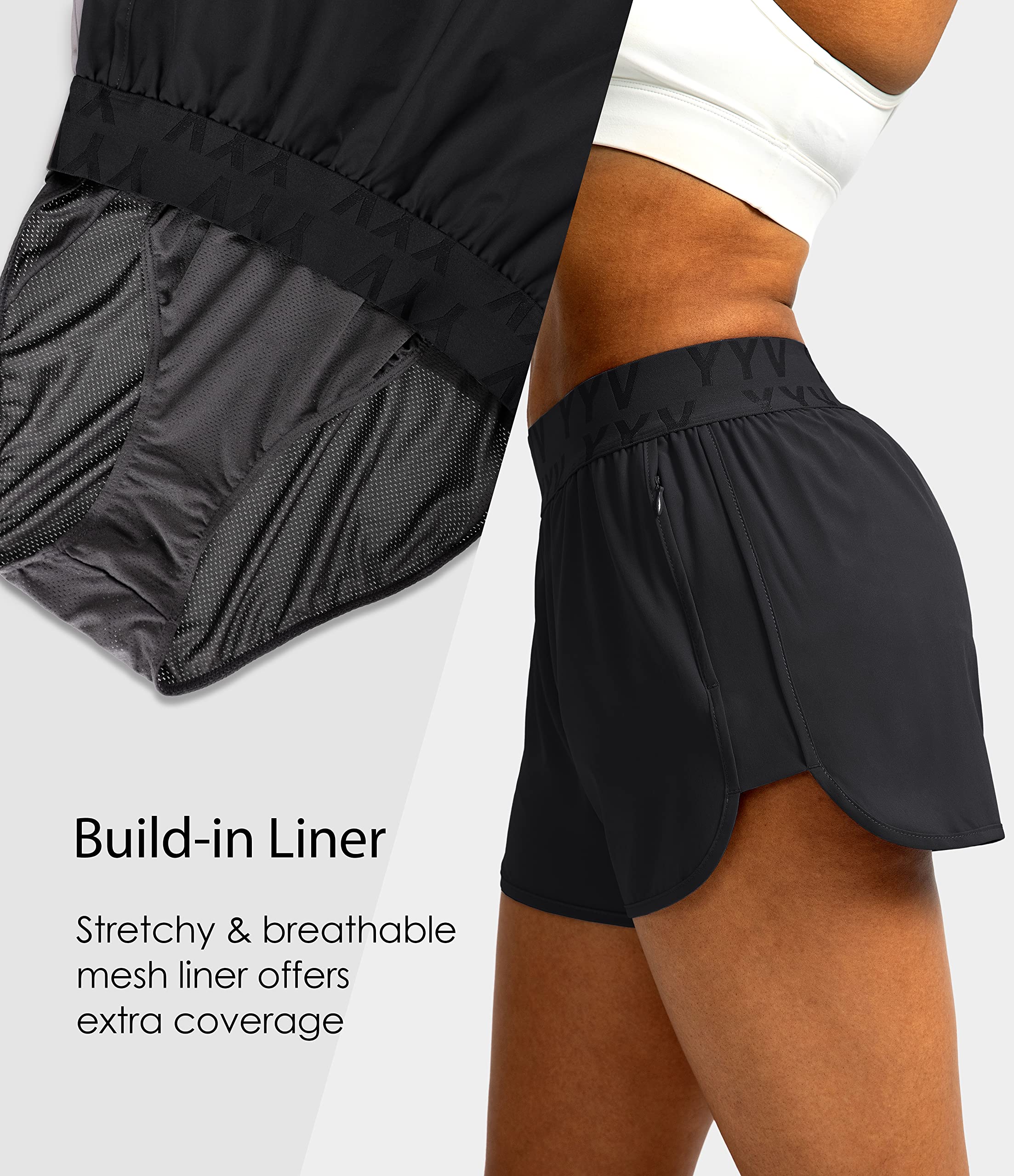 YYV Women's Running Shorts with Zipper Pockets - Quick-Dry Elastic Waistband Athletic Gym Shorts with Liner - Perfect for Jogging, Workouts & Outdoor Activities