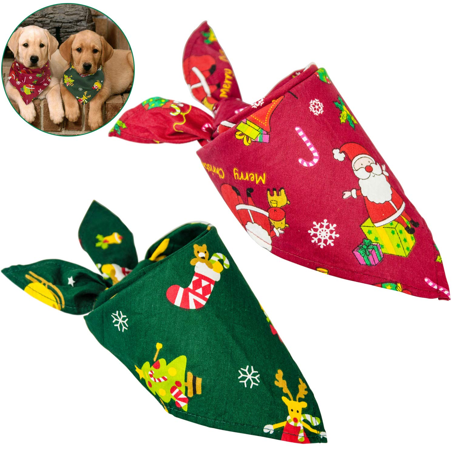 Christmas Dog Bandana 2 Pack - Festive Triangle Bib Scarf for Medium Dogs & Cats - Holiday Pet Costume Accessories for Christmas Parties & Family Photos