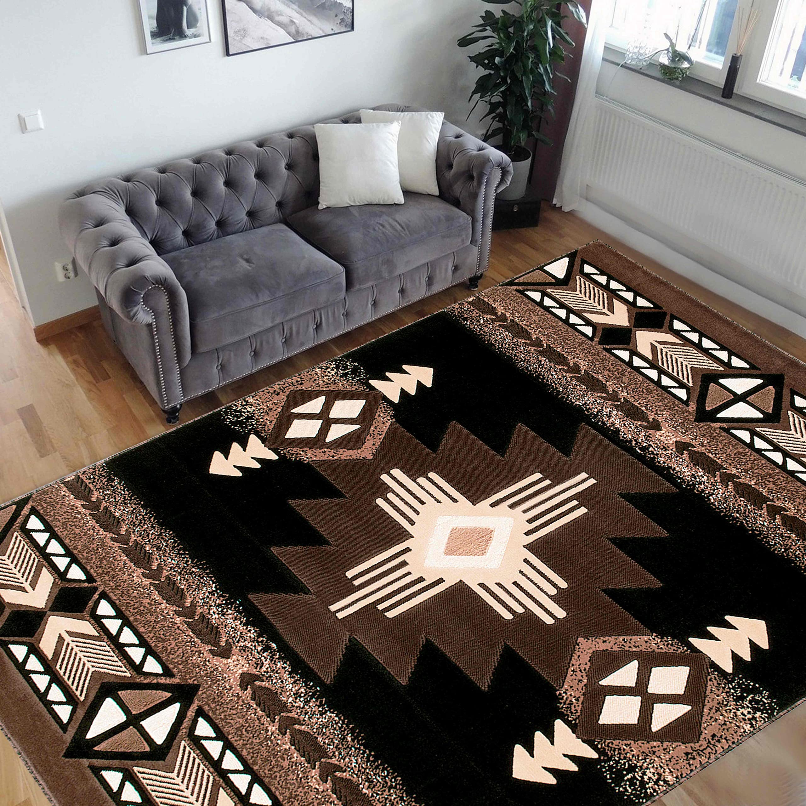 Modern Contemporary Cabin Rugs - Black, Beige, Brown - Soft & Durable Area Rugs for Living Room, Bedroom, and Cabin Decor