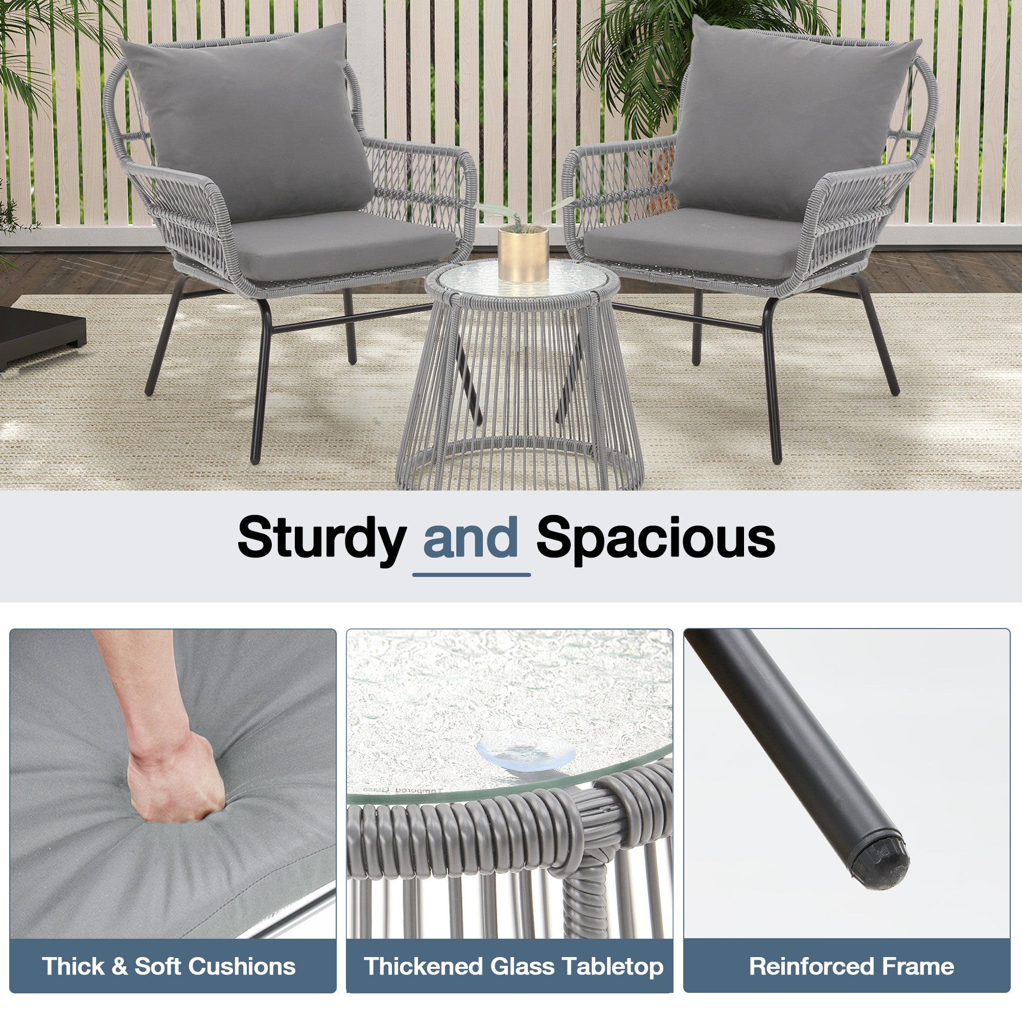 EROMMY 3-Piece Outdoor Bistro Set with Tempered Glass Table & 2 Ergonomic Armchairs - Gray Patio Furniture for Garden, Balcony, and Backyard Relaxation