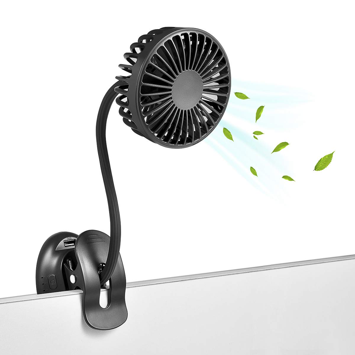 USB Clip on Mini Fan - Rechargeable Battery Operated Desk Fan with Emergency Power Bank, 3 Speed Adjustable Flexible Neck - Perfect for Baby Stroller, Beach, Car, Camping, Dorm, Bed & Office (Black)