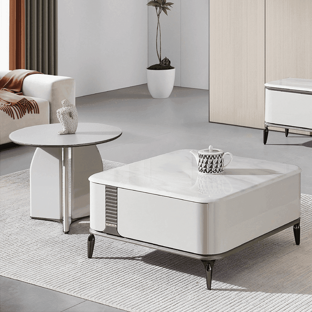 Lucille Modern Nesting Coffee Table - Cultured Marble & Tempered Glass Top - Perfect for Living Room, Lounge, or Office Décor