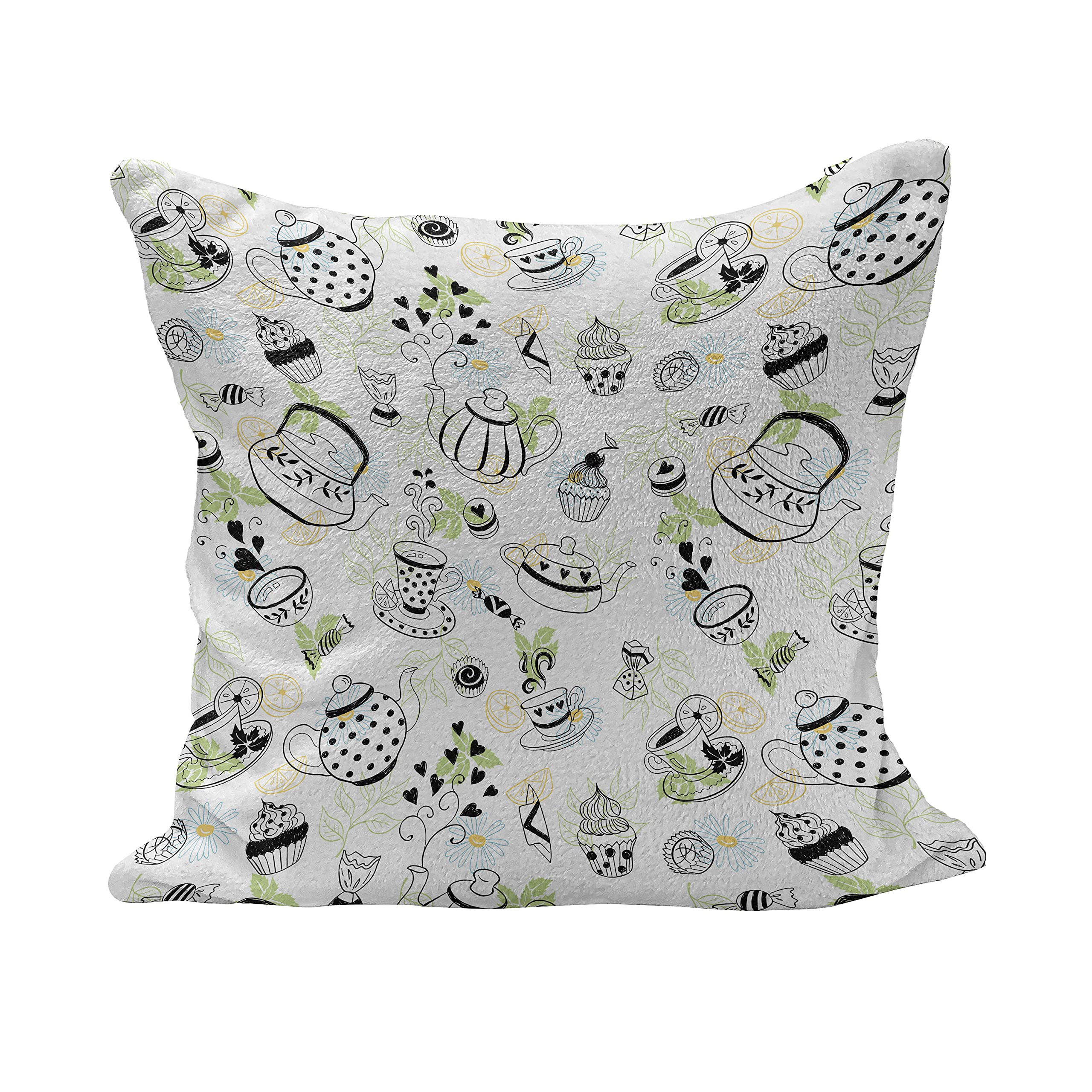 Ambesonne Tea Party Fluffy Throw Pillow Cover 24x24 Inch - Hand Drawn Doodle Style Teapot, Cup & Floral Design in Black White Green - Decorative Square Accent Cushion Case for Living Room, Bedroom Sofa Decor