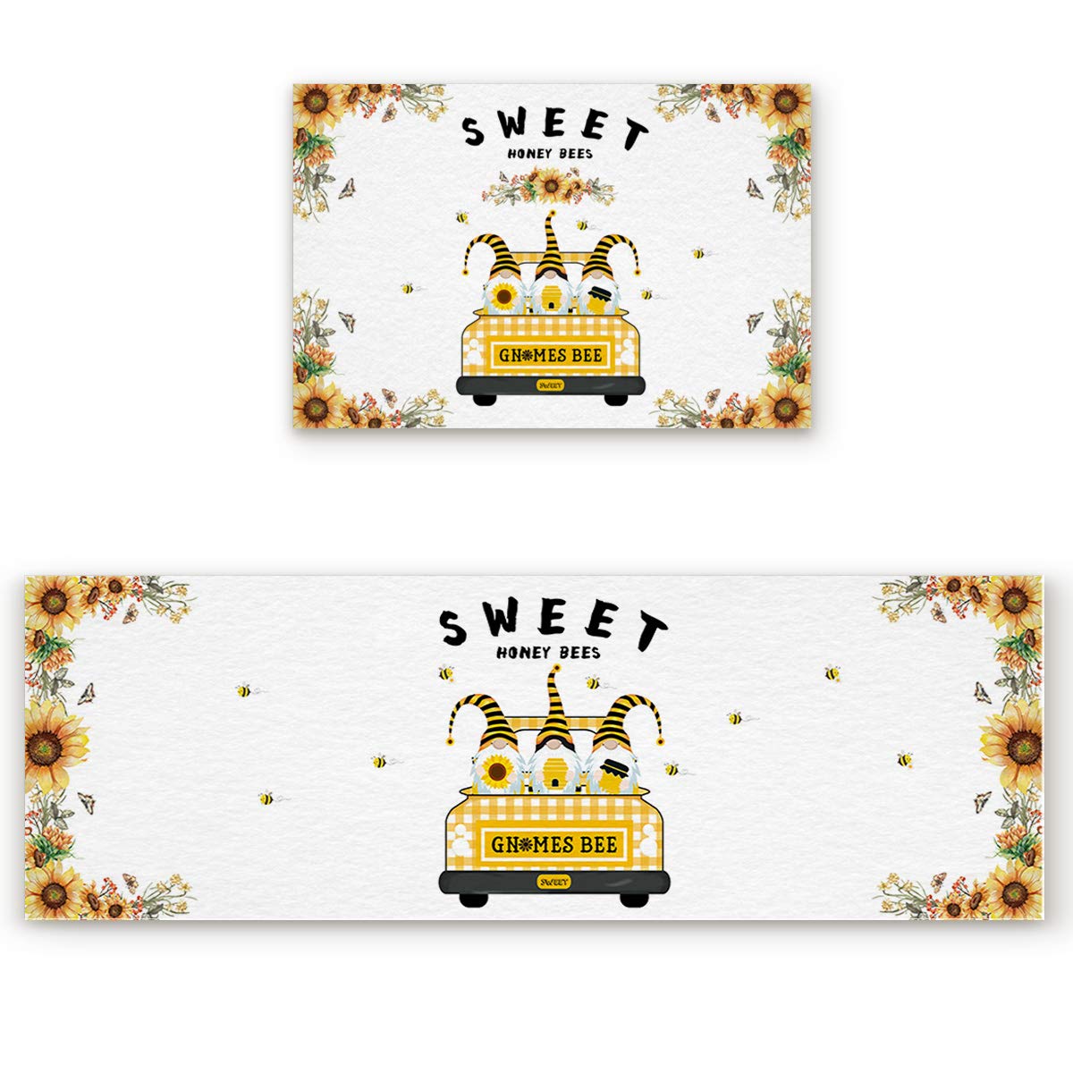 Farmhouse Kitchen Mats Set of 2 - Cushioned Anti-Fatigue Floor Mats, Non-Slip Washable Kitchen Rugs with Gnome Sunflower Bee Design - Perfect for Farmhouse Decor, Kitchen Runner, and High-Traffic Areas