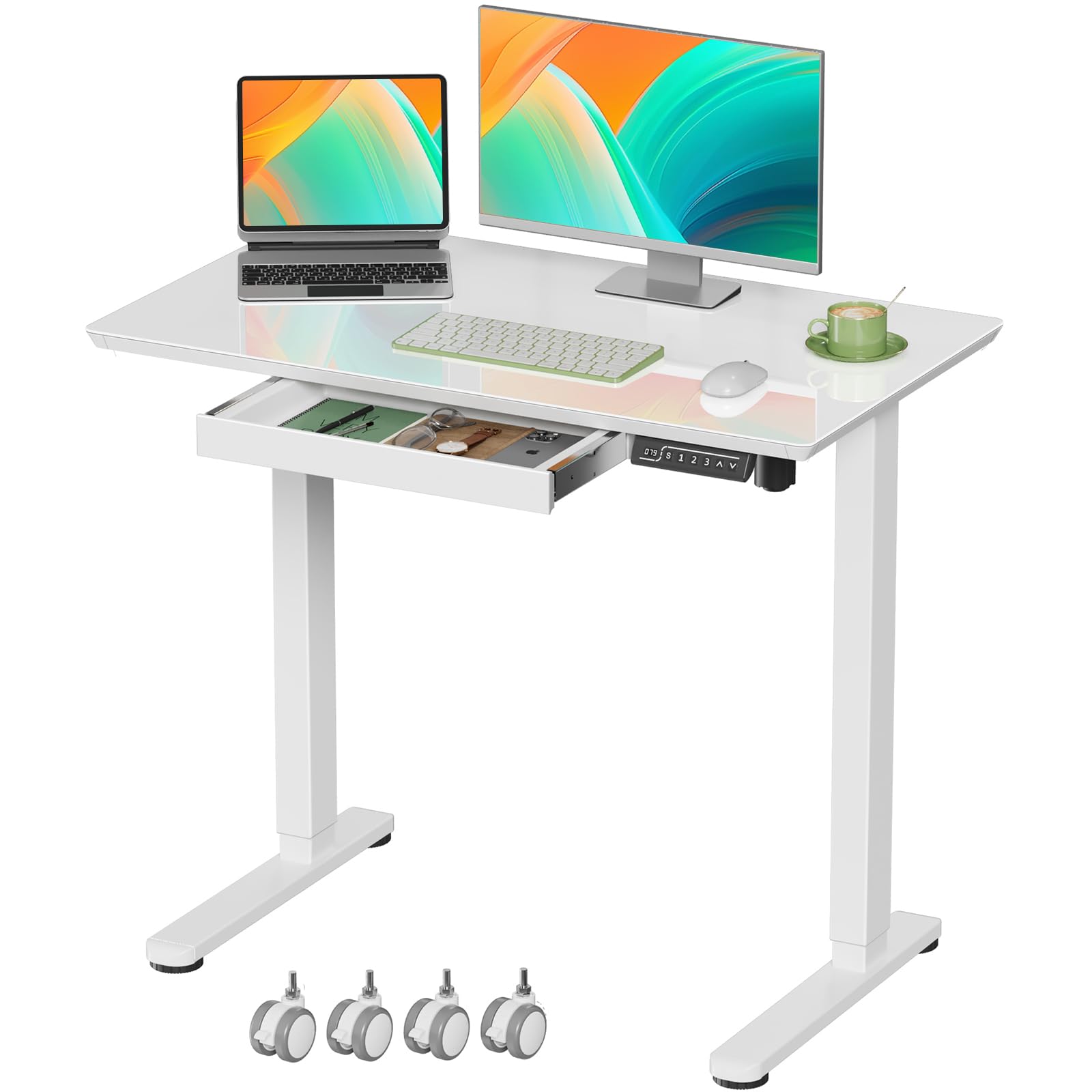 Adjustable Height Glass Standing Desk with Drawer - 35x20 Inch Electric Sit Stand Computer Desk with Wheels, White | Perfect for Home Office, Small Spaces & Ergonomic Workspaces