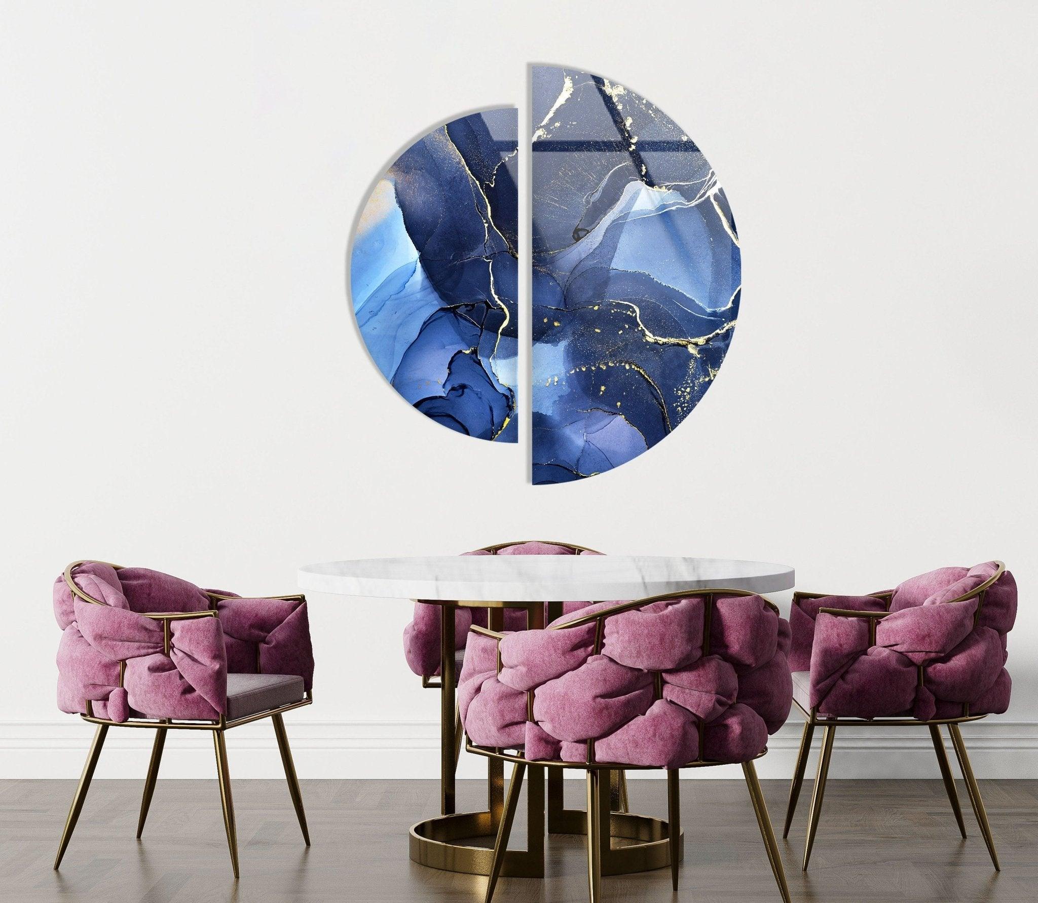 2 Piece Circular Dark Blue Marble Glass Wall Art Set - Modern Home Decor for Living Room, Bedroom, Office - Elegant Handmade Glass Mosaic Wall Hangings for Interior Design