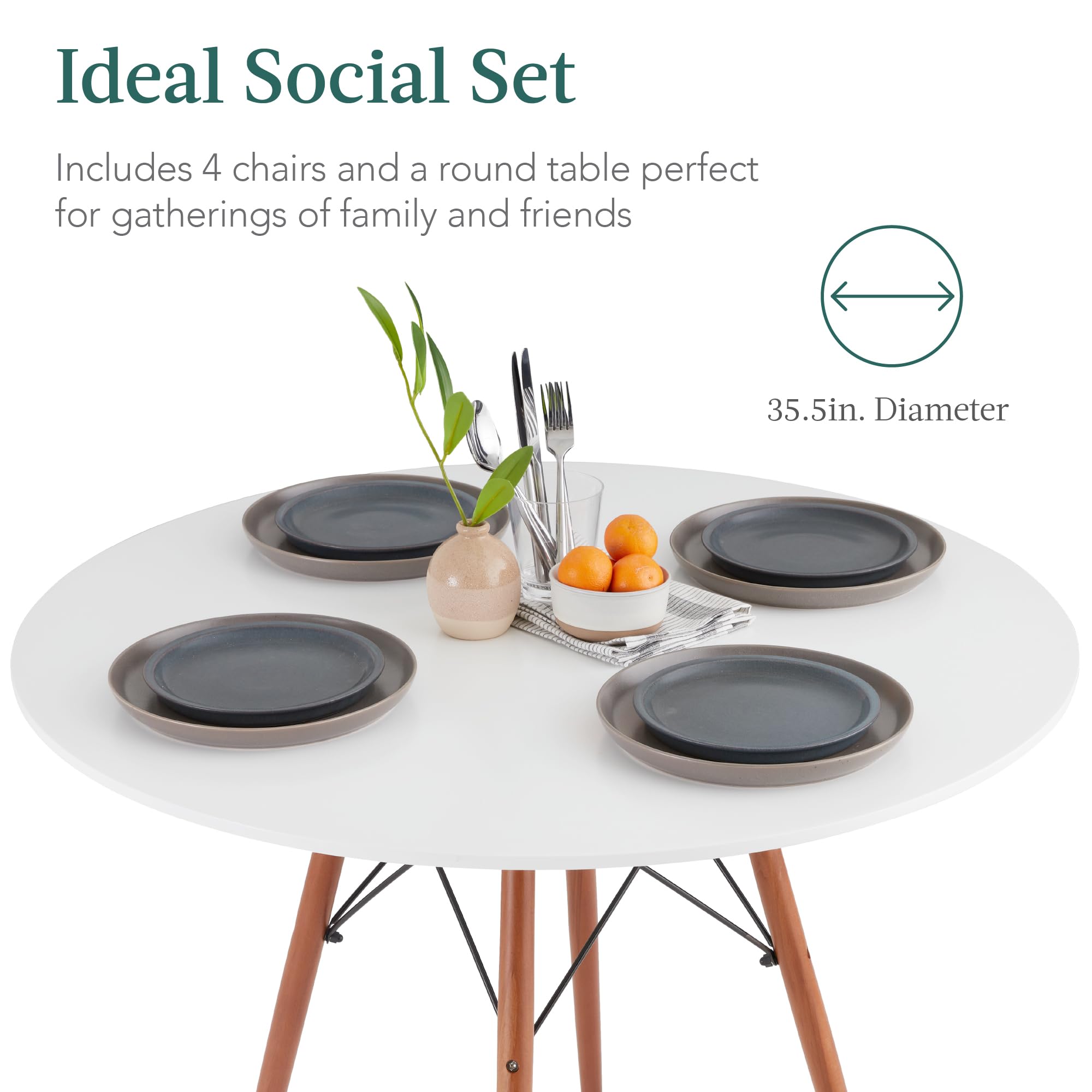 Best Choice Products 5-Piece Mid-Century Modern Dining Set - Compact Table & 4 Chairs with Plastic Seats, Wooden Legs & Metal Frame in White/Walnut - Perfect for Small Spaces, Apartments & Cozy Home Dining