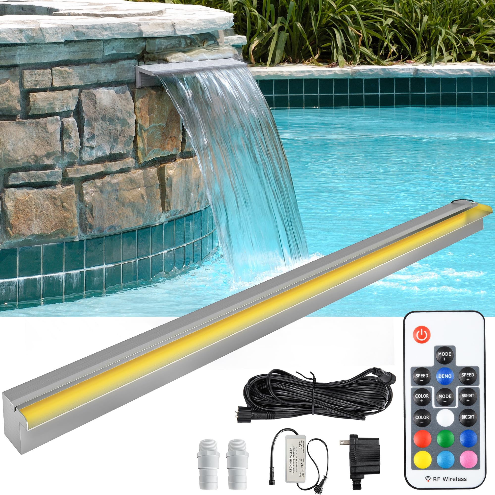 YITAHOME 60 Inch Stainless Steel Waterfall Spillway Pool Fountain with 7 Color LED Lights & Remote Control - Perfect for Ponds, Swimming Pools, Outdoor Gardens and Backyard Decorations | Creates Relaxing Ambience for Patio, Landscape & Water Features